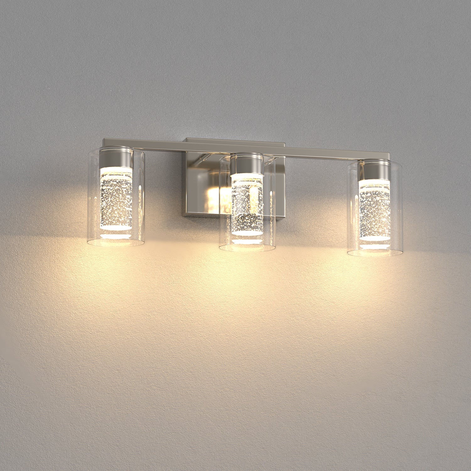 Jandcase 3-Light Nickel LED Vanity Light Fixture with Clear Glass Shade and LED Crystal Bulbs 3000-6000K, Dimmable Color