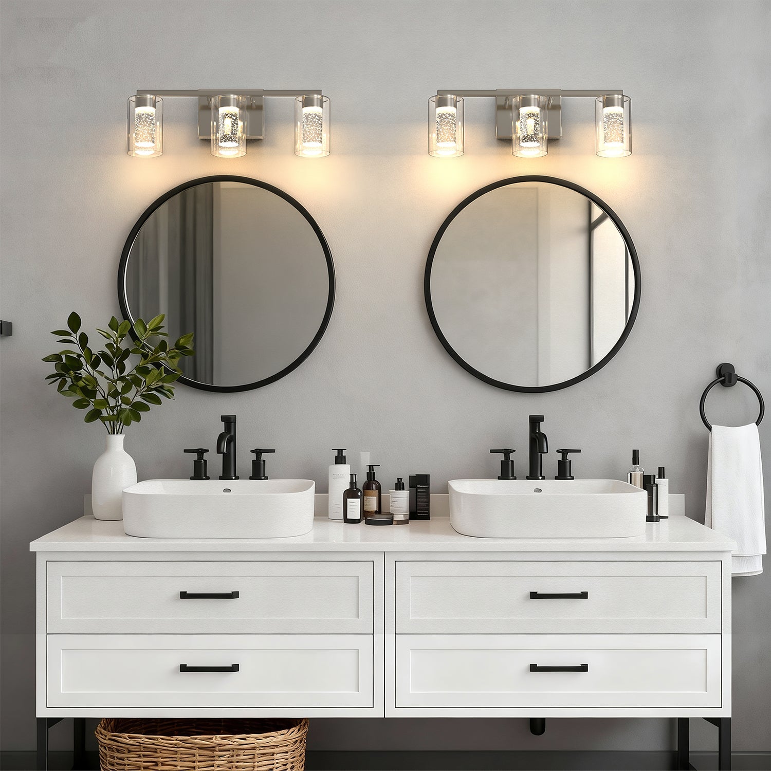 Jandcase 3-Light Nickel LED Vanity Light Fixture with Clear Glass Shade and LED Crystal Bulbs 3000-6000K, Dimmable Color