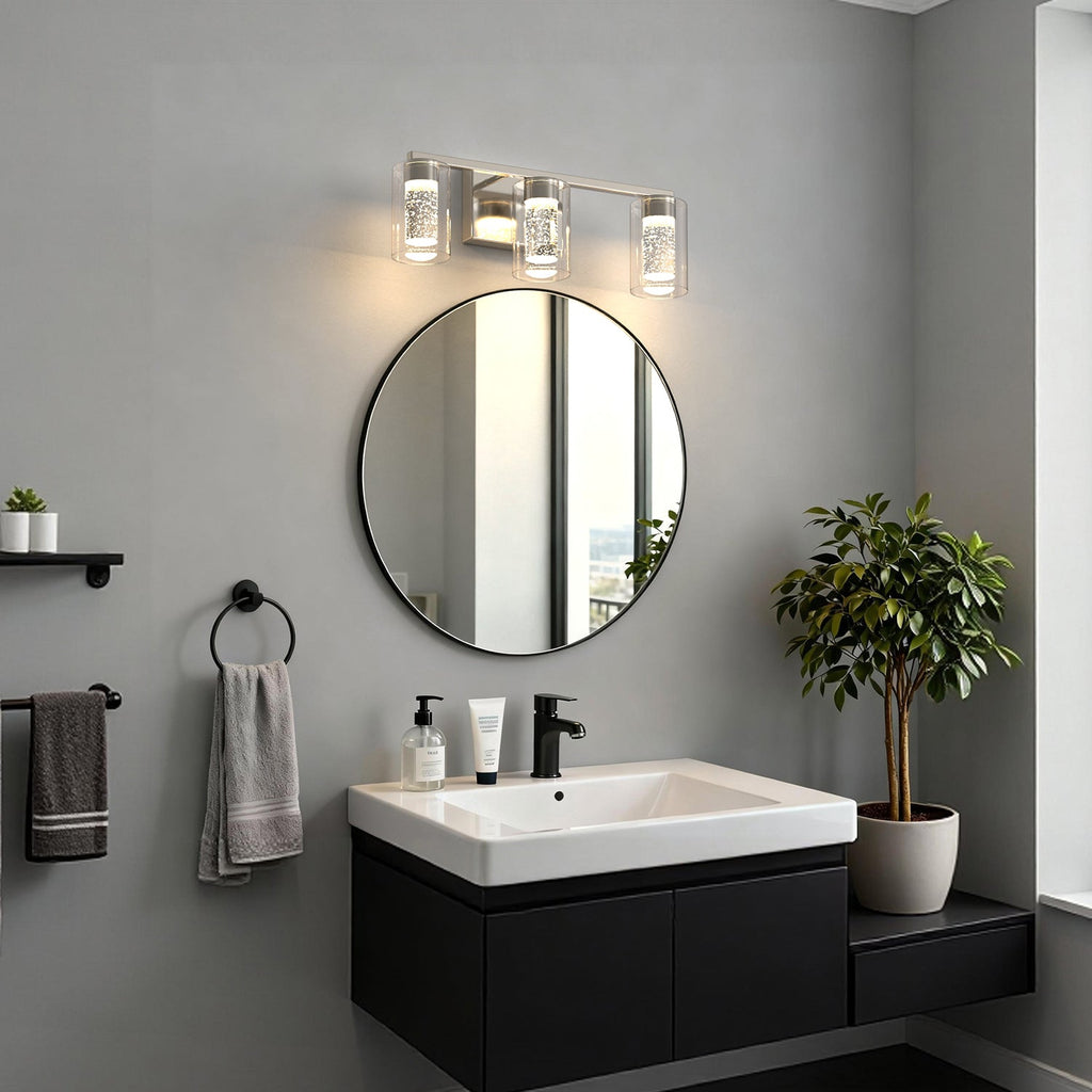 Jandcase 3-Light Nickel LED Vanity Light Fixture with Clear Glass Shade and LED Crystal Bulbs 3000-6000K, Dimmable Color