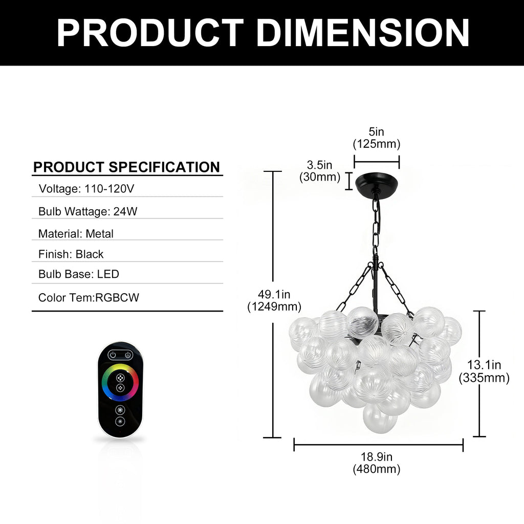 Jandcase 24W Matte Black LED Bubble Twist Chandelier with Remote Control, RGBCW Layered Decorative Pendant Light for Dining Room