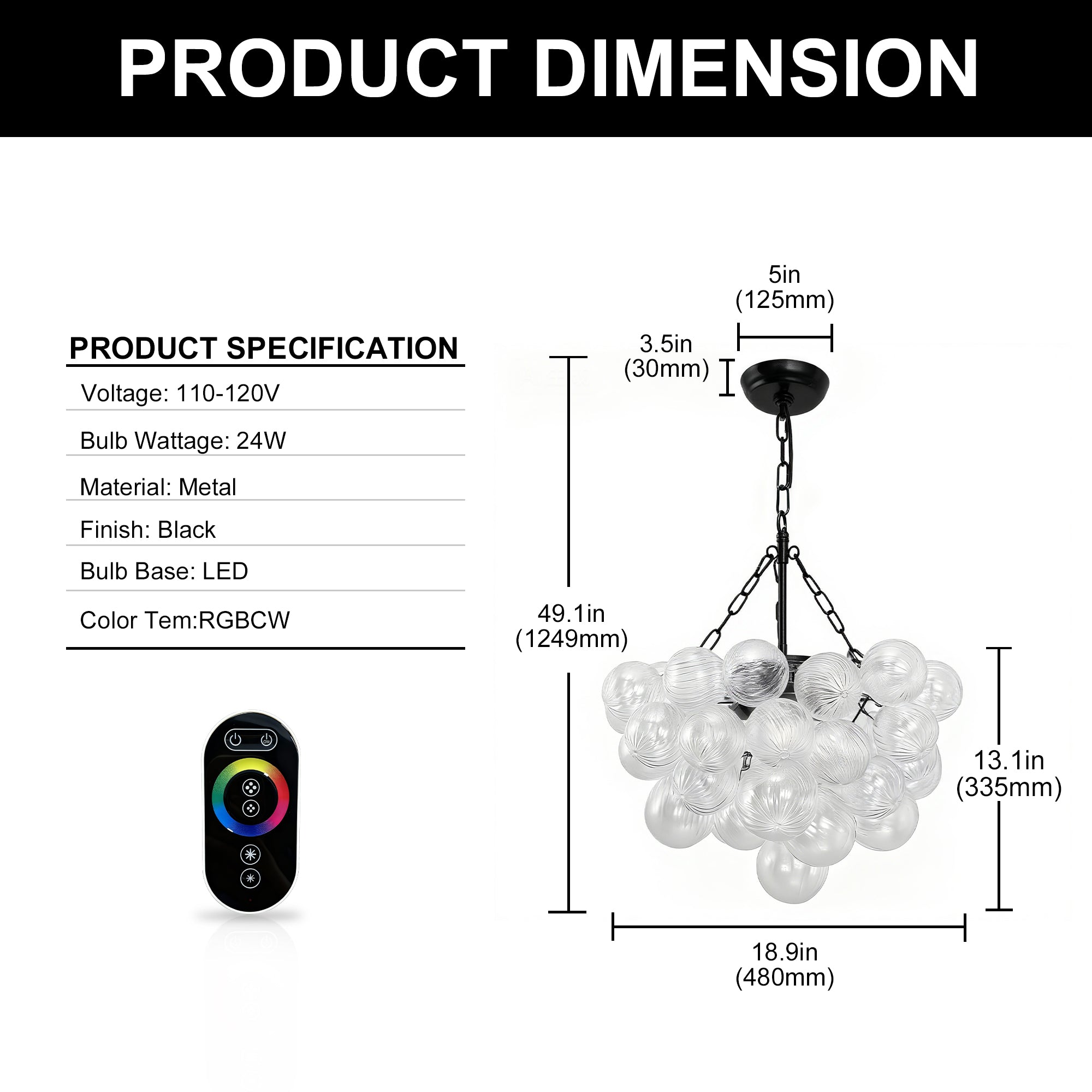 Jandcase 24W Matte Black LED Bubble Twist Chandelier with Remote Control, RGBCW Layered Decorative Pendant Light for Dining Room