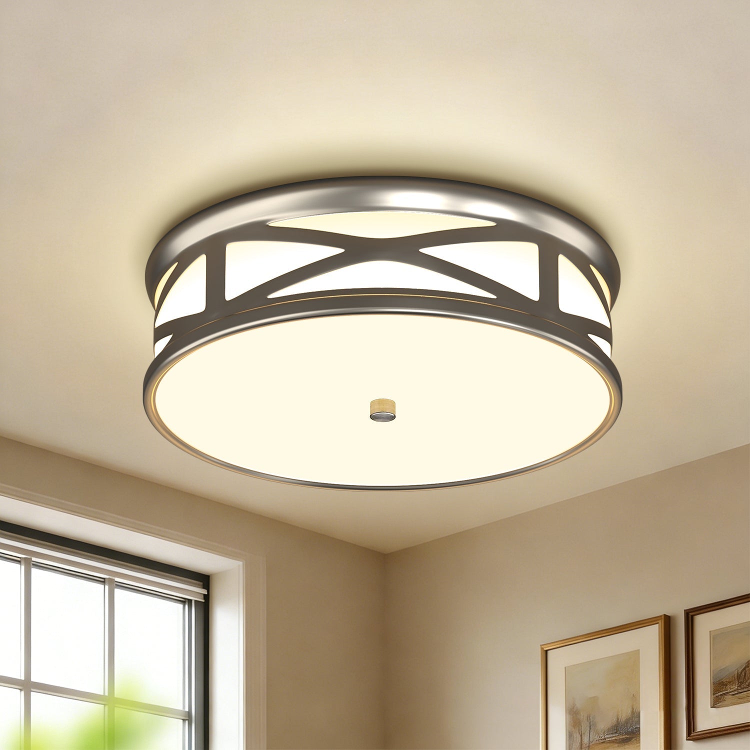 Jandcase 3.9 in. Brushed Nickel Dimmable Integrated LED Drum Flush Mount Ceiling Light w/ Milky Glass Shade for Bedroom, Hallway