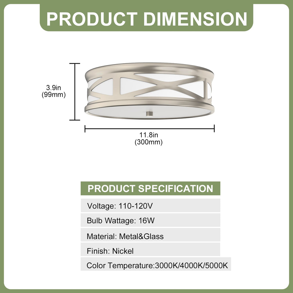 Jandcase 3.9 in. Brushed Nickel Dimmable Integrated LED Drum Flush Mount Ceiling Light w/ Milky Glass Shade for Bedroom, Hallway
