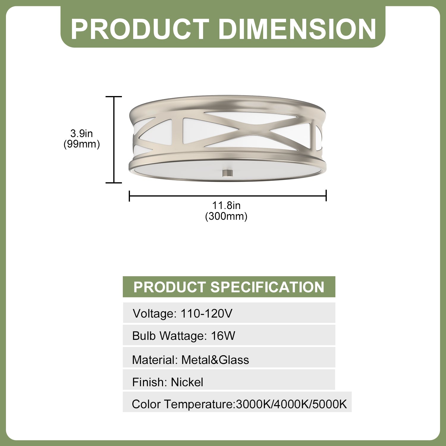 Jandcase 3.9 in. Brushed Nickel Dimmable Integrated LED Drum Flush Mount Ceiling Light w/ Milky Glass Shade for Bedroom, Hallway