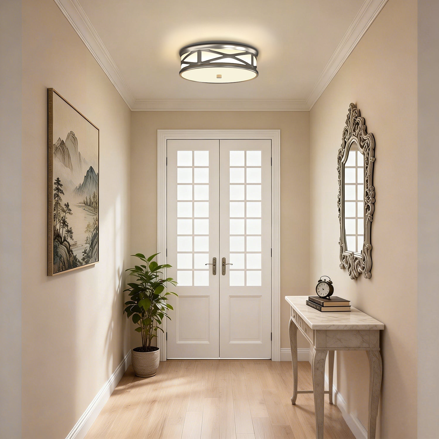 Jandcase 3.9 in. Brushed Nickel Dimmable Integrated LED Drum Flush Mount Ceiling Light w/ Milky Glass Shade for Bedroom, Hallway