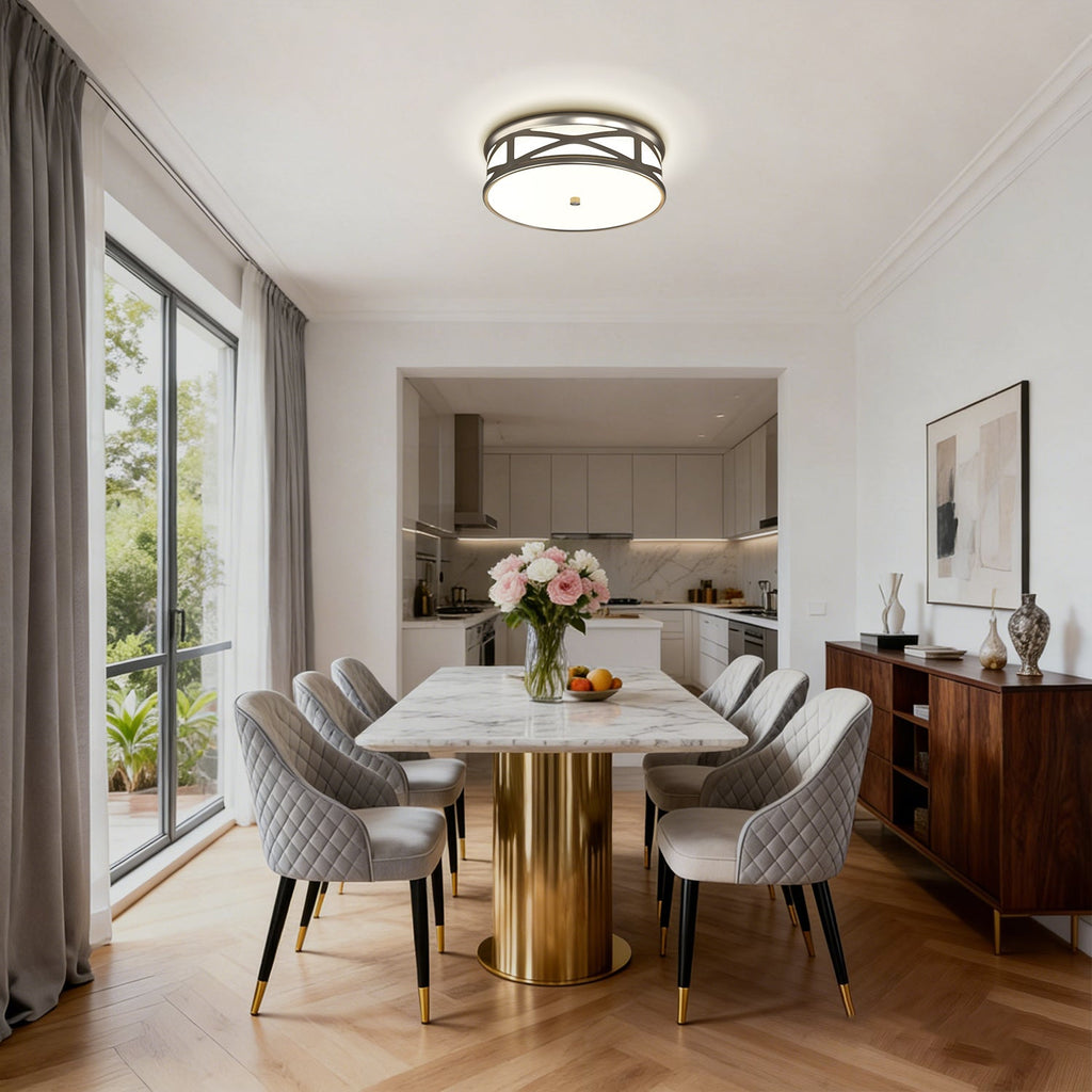 Jandcase 3.9 in. Brushed Nickel Dimmable Integrated LED Drum Flush Mount Ceiling Light w/ Milky Glass Shade for Bedroom, Hallway