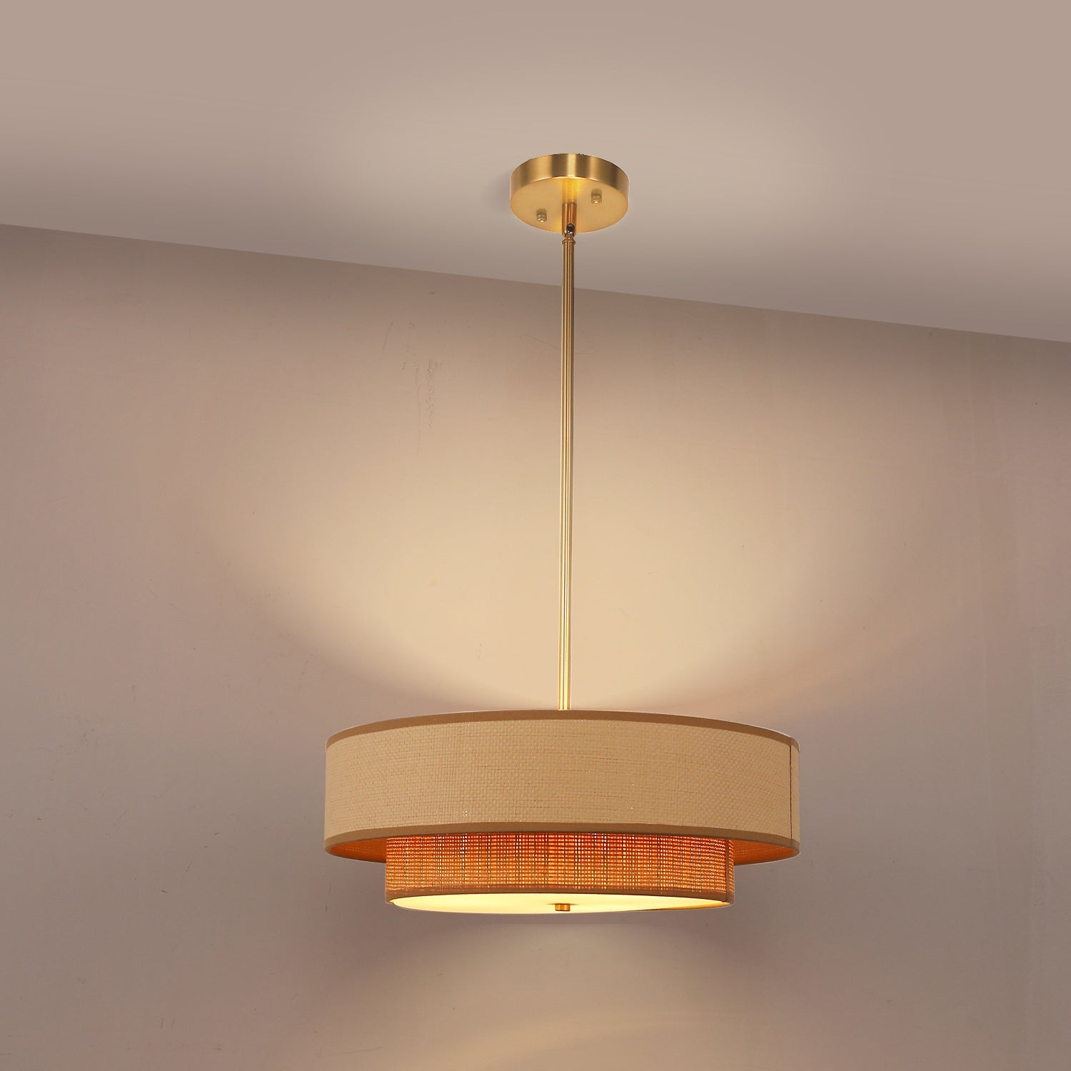 17.7 in 3 Light Farmhouse Natural Copper Drum Chandelier with Rattan Shades, No Bulbs Included for Kitchen Island