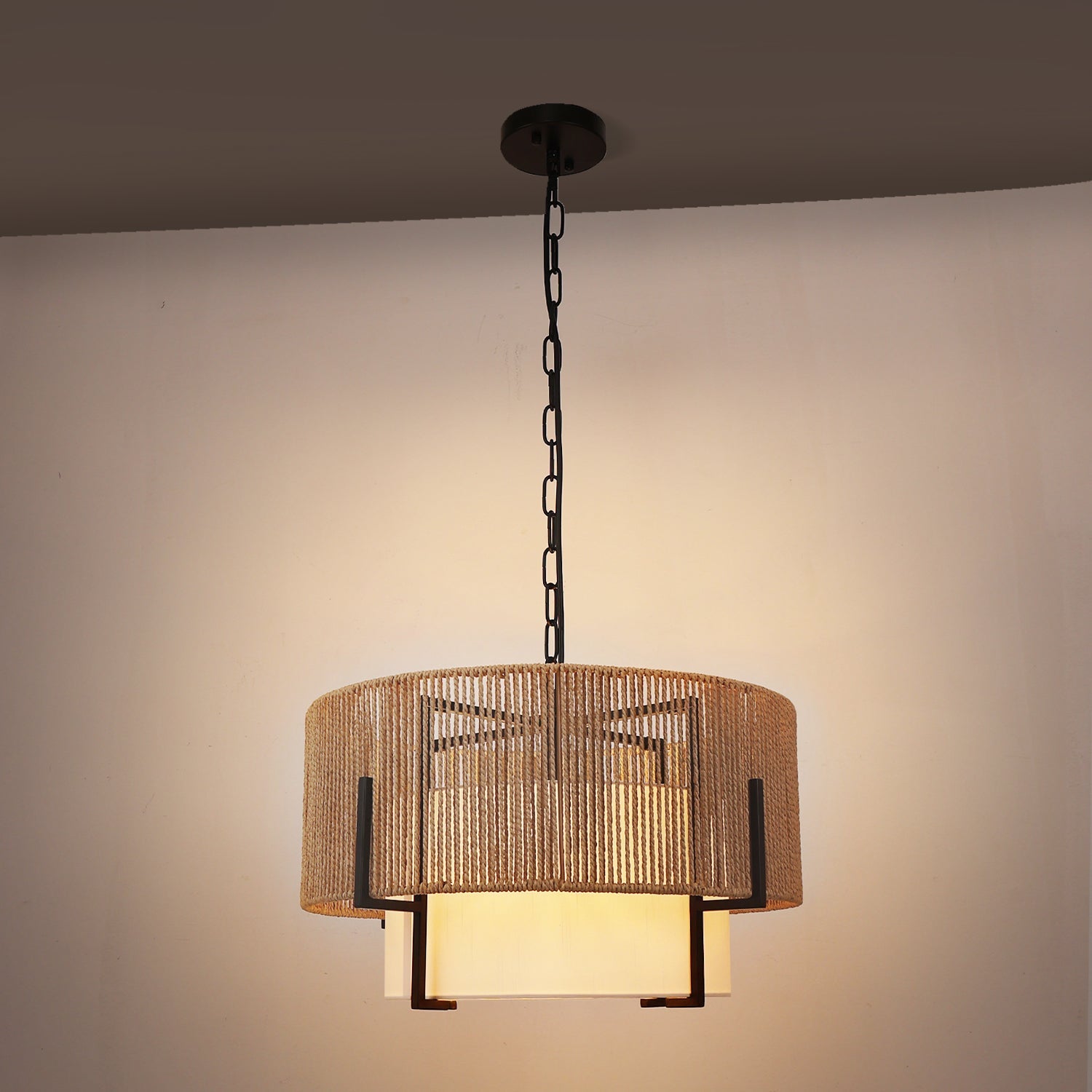 4-Light Farmhouse Matte Black Drum Chandelier with Woven Paper Rope Shade and White Fabric Liner, E26 Sockets