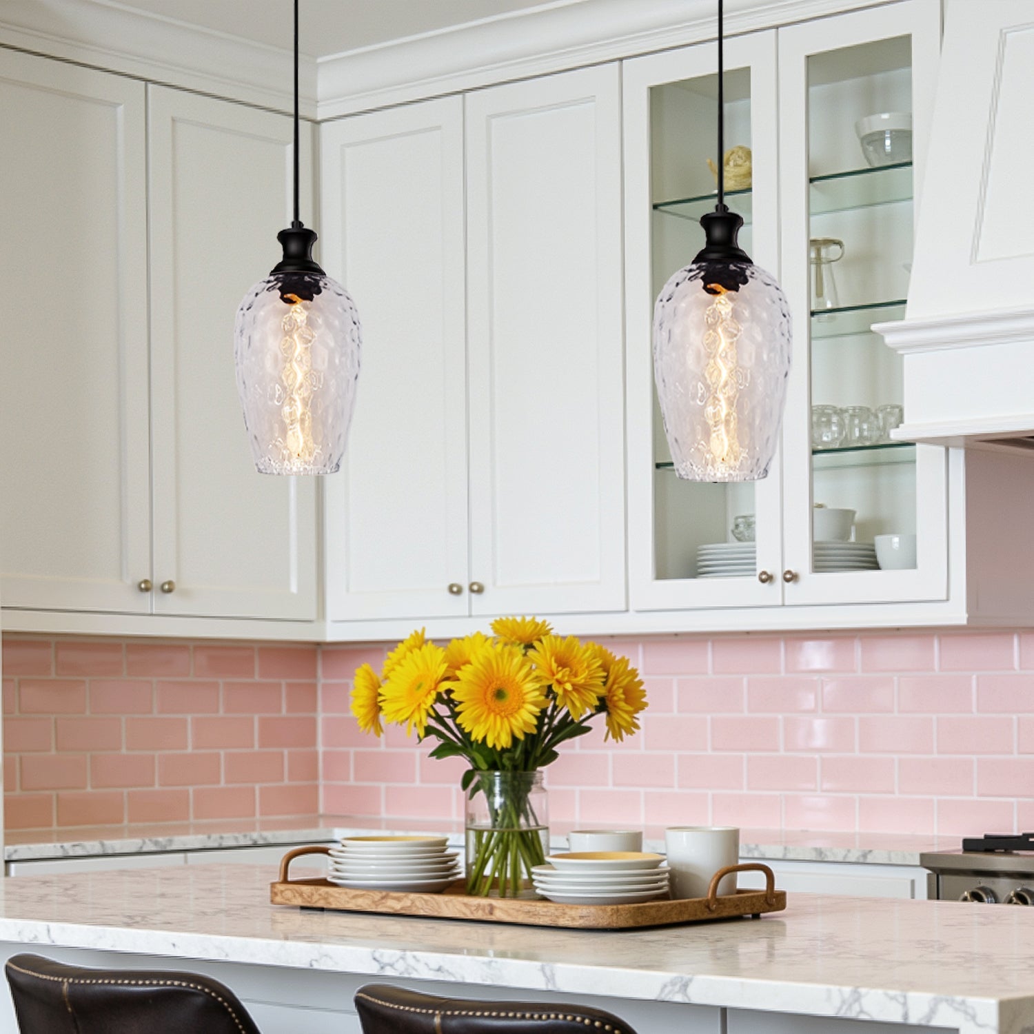 Jandcase 70.3 in 1-Light Matte Black Traditional Indoor Pendant Light with Goblet Water Ripple Glass Shade and No Bulb Included