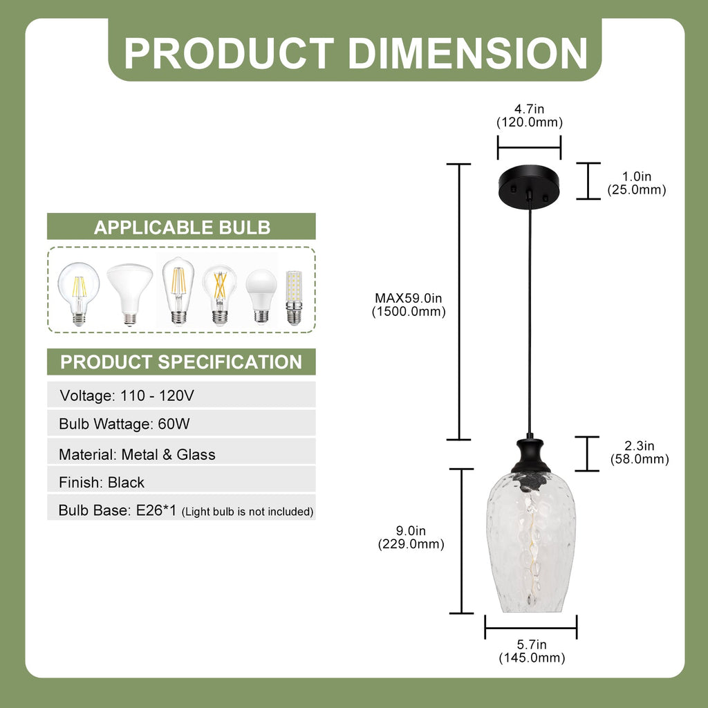 Jandcase 70.3 in 1-Light Matte Black Traditional Indoor Pendant Light with Goblet Water Ripple Glass Shade and No Bulb Included