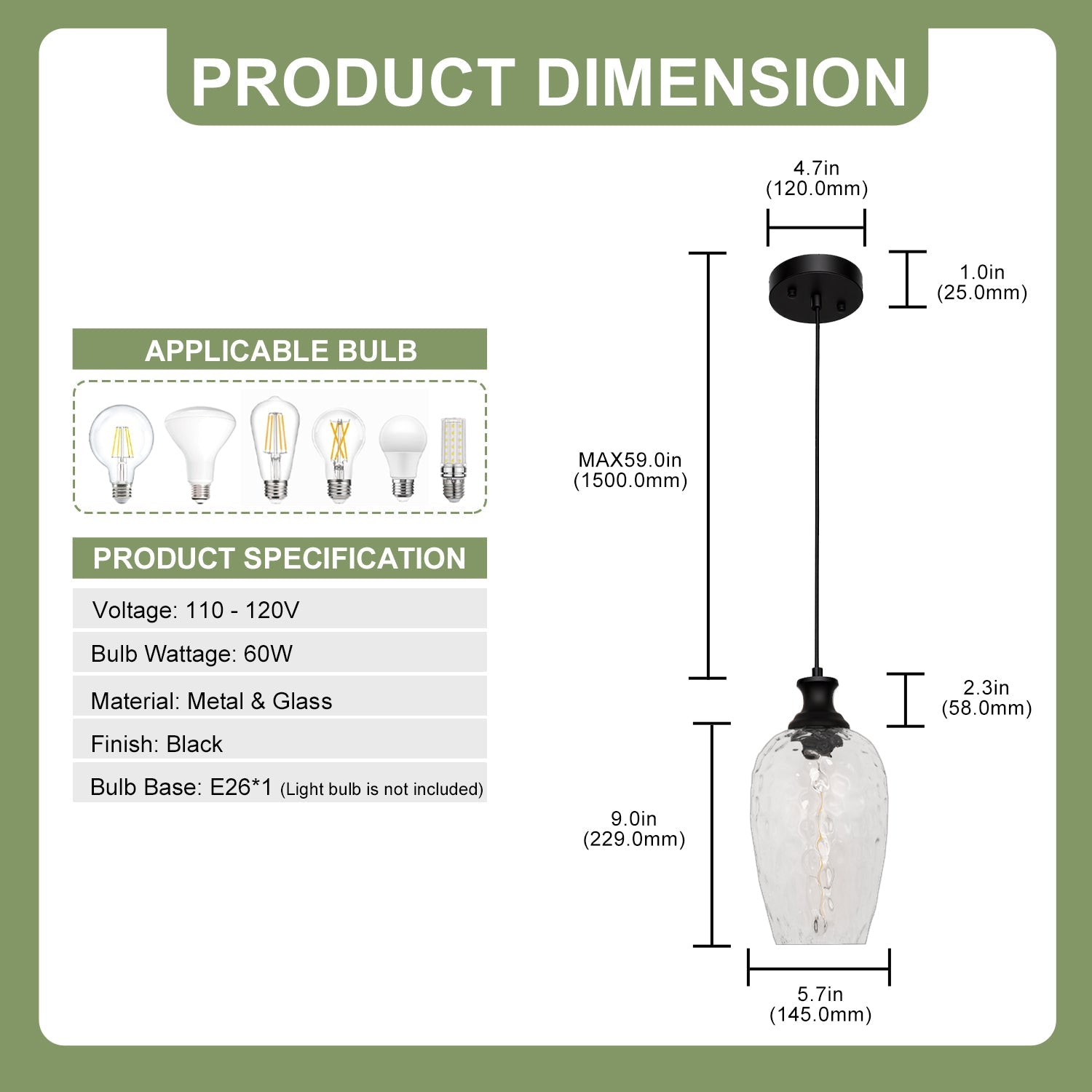 Jandcase 70.3 in 1-Light Matte Black Traditional Indoor Pendant Light with Goblet Water Ripple Glass Shade and No Bulb Included