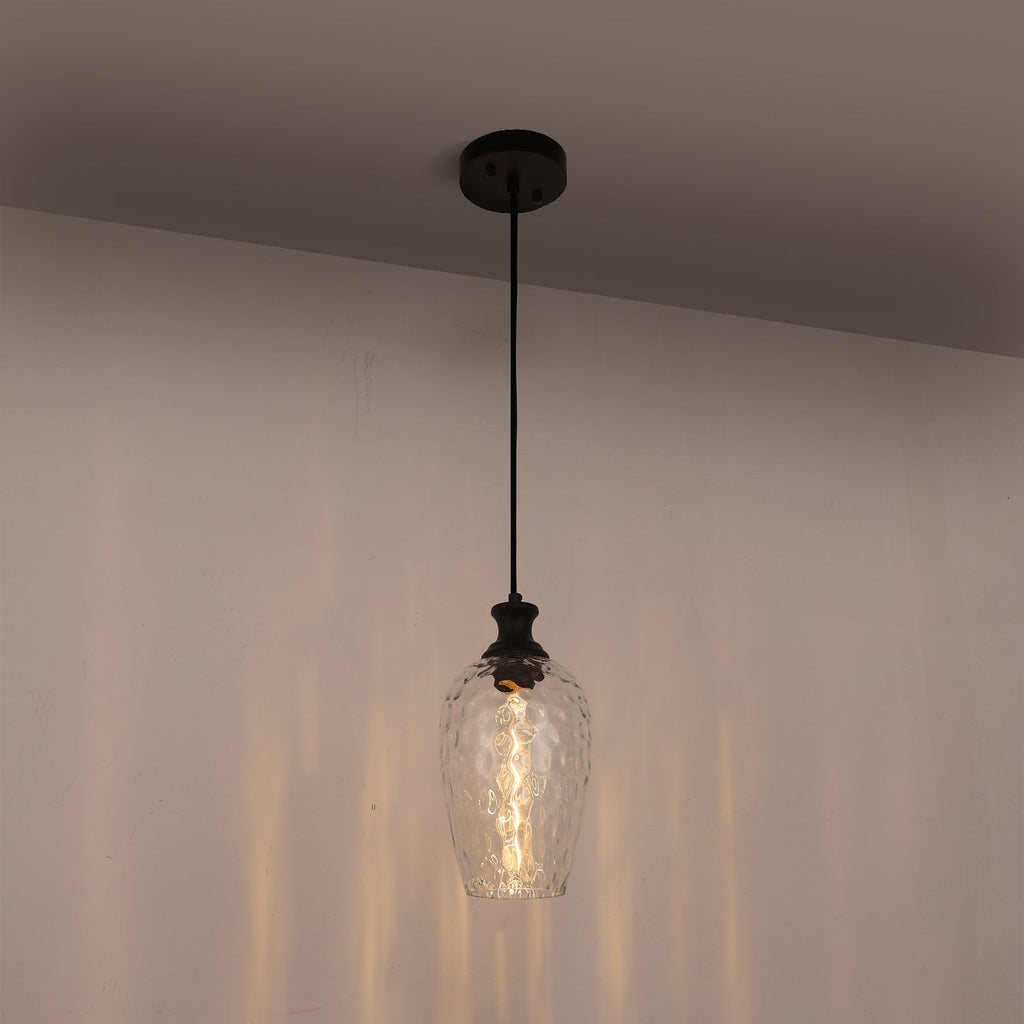 Jandcase 70.3 in 1-Light Matte Black Traditional Indoor Pendant Light with Goblet Water Ripple Glass Shade and No Bulb Included