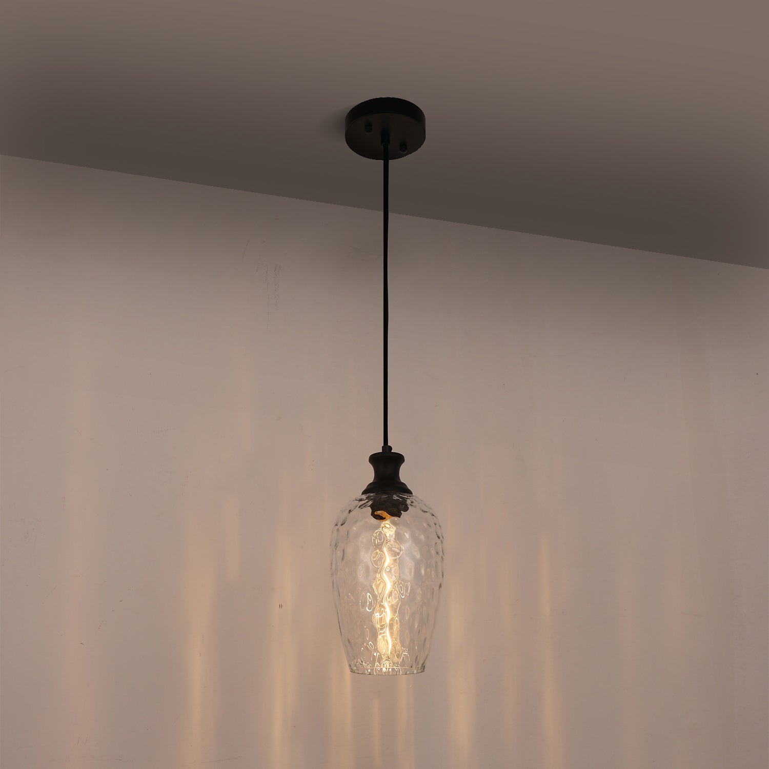 Jandcase 70.3 in 1-Light Matte Black Traditional Indoor Pendant Light with Goblet Water Ripple Glass Shade and No Bulb Included
