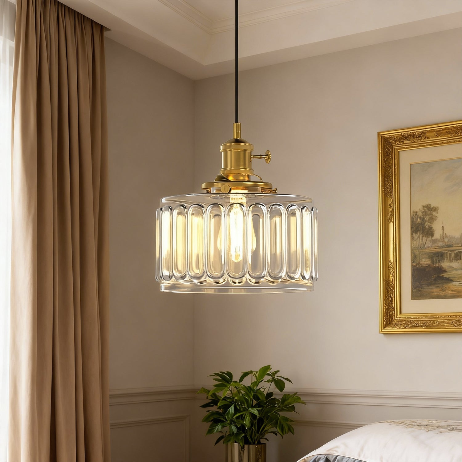 Jandcase 59 in. 1-Light Brass Finish Traditional Indoor Pendant Light with Clear Striped Glass Shade and No Bulb Included