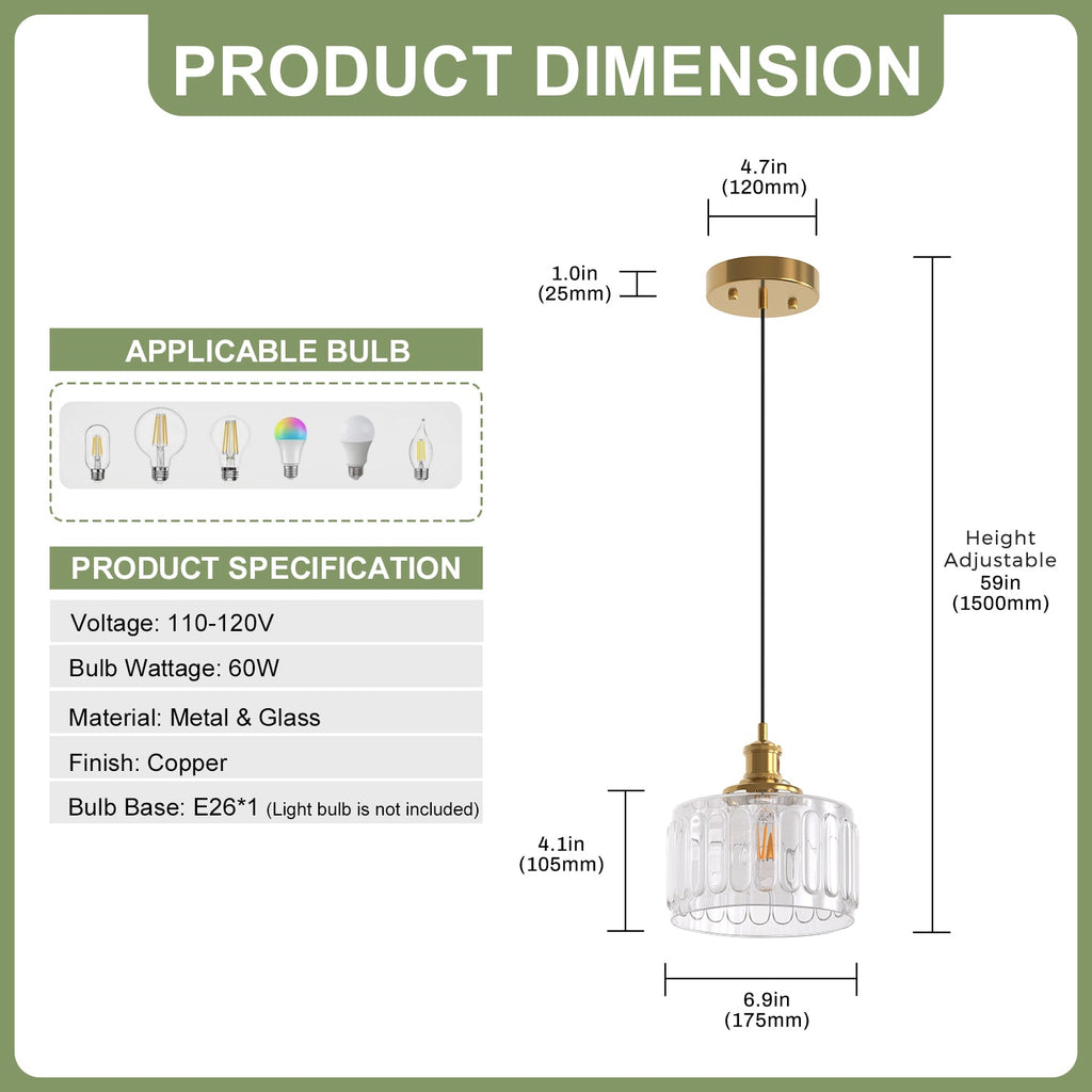 Jandcase 59 in. 1-Light Brass Finish Traditional Indoor Pendant Light with Clear Striped Glass Shade and No Bulb Included