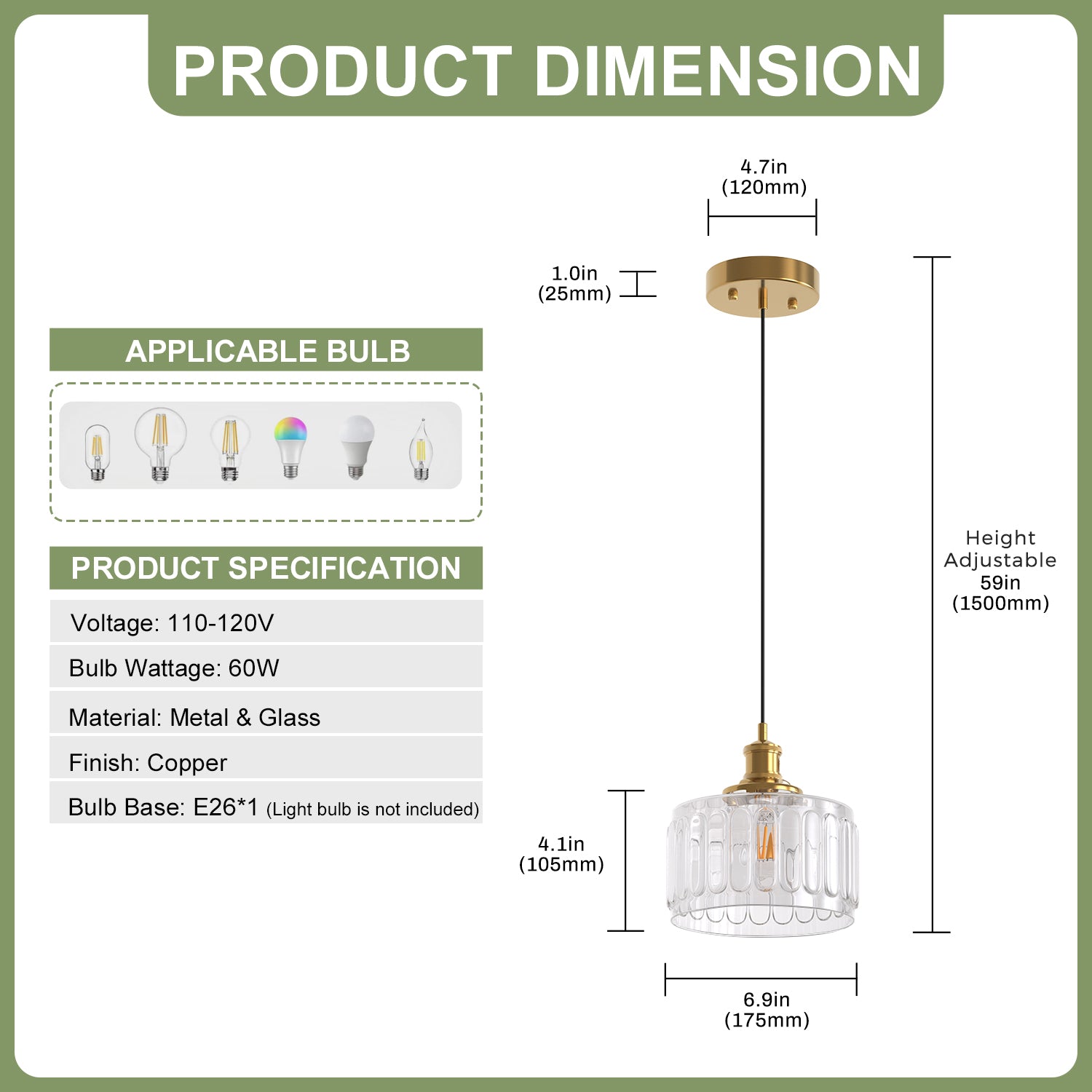 Jandcase 59 in. 1-Light Brass Finish Traditional Indoor Pendant Light with Clear Striped Glass Shade and No Bulb Included