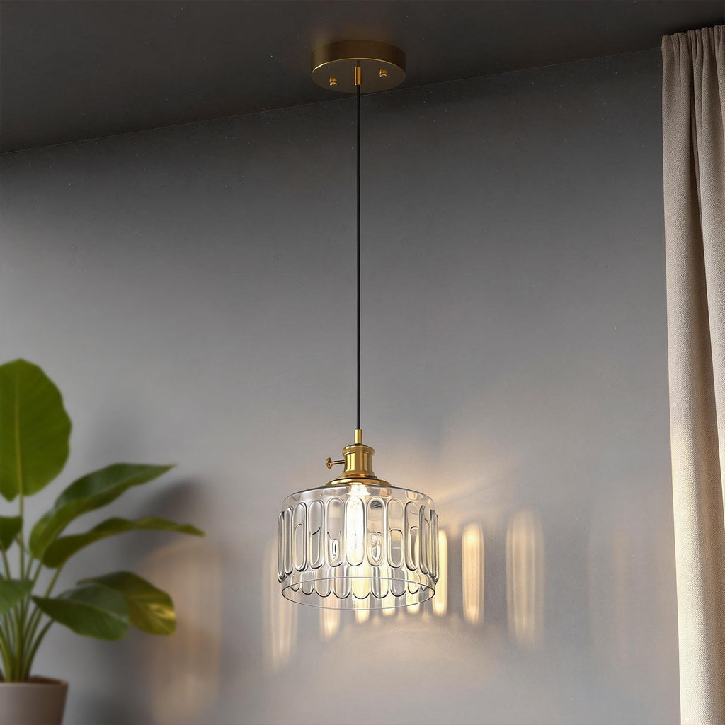 Jandcase 59 in. 1-Light Brass Finish Traditional Indoor Pendant Light with Clear Striped Glass Shade and No Bulb Included
