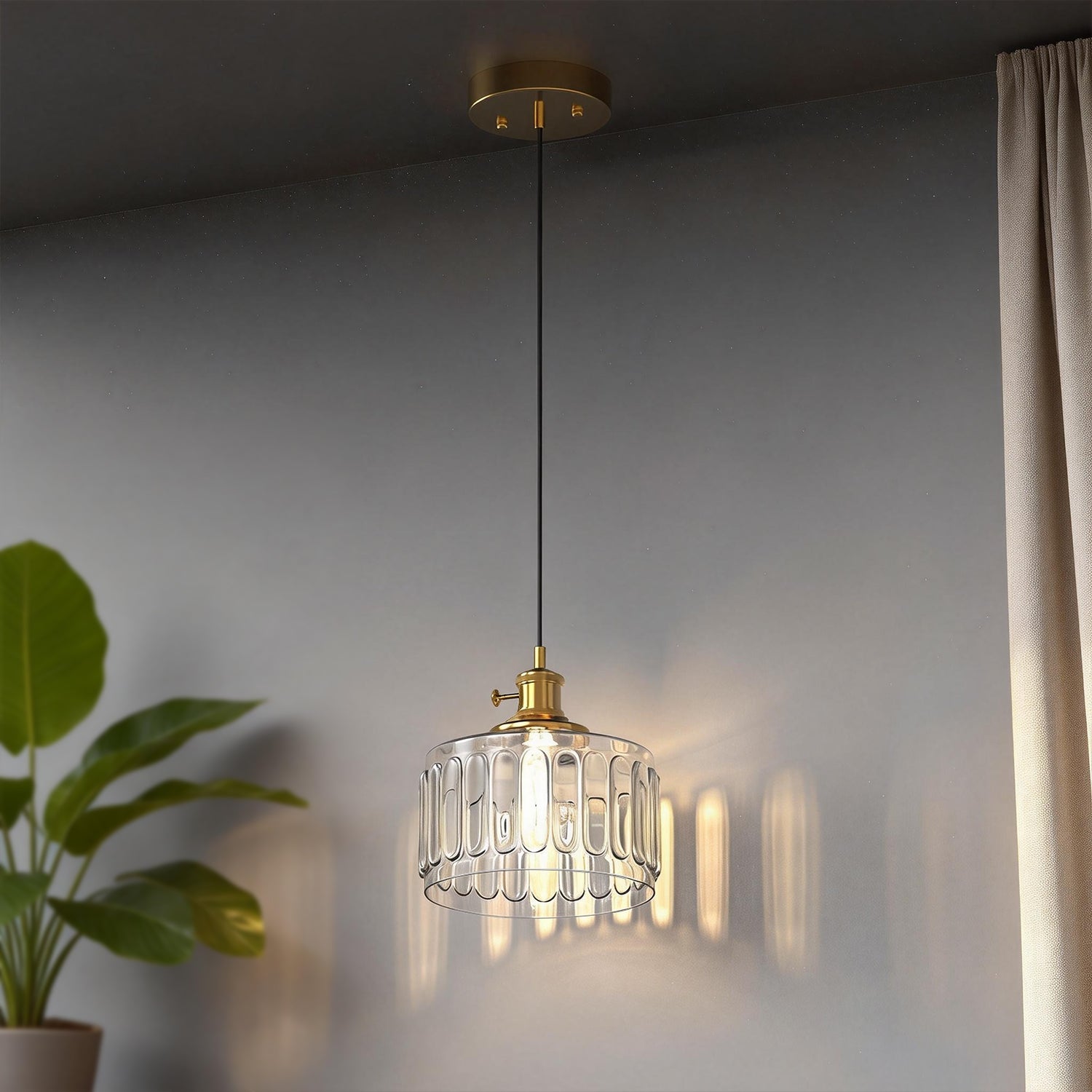 Jandcase 59 in. 1-Light Brass Finish Traditional Indoor Pendant Light with Clear Striped Glass Shade and No Bulb Included