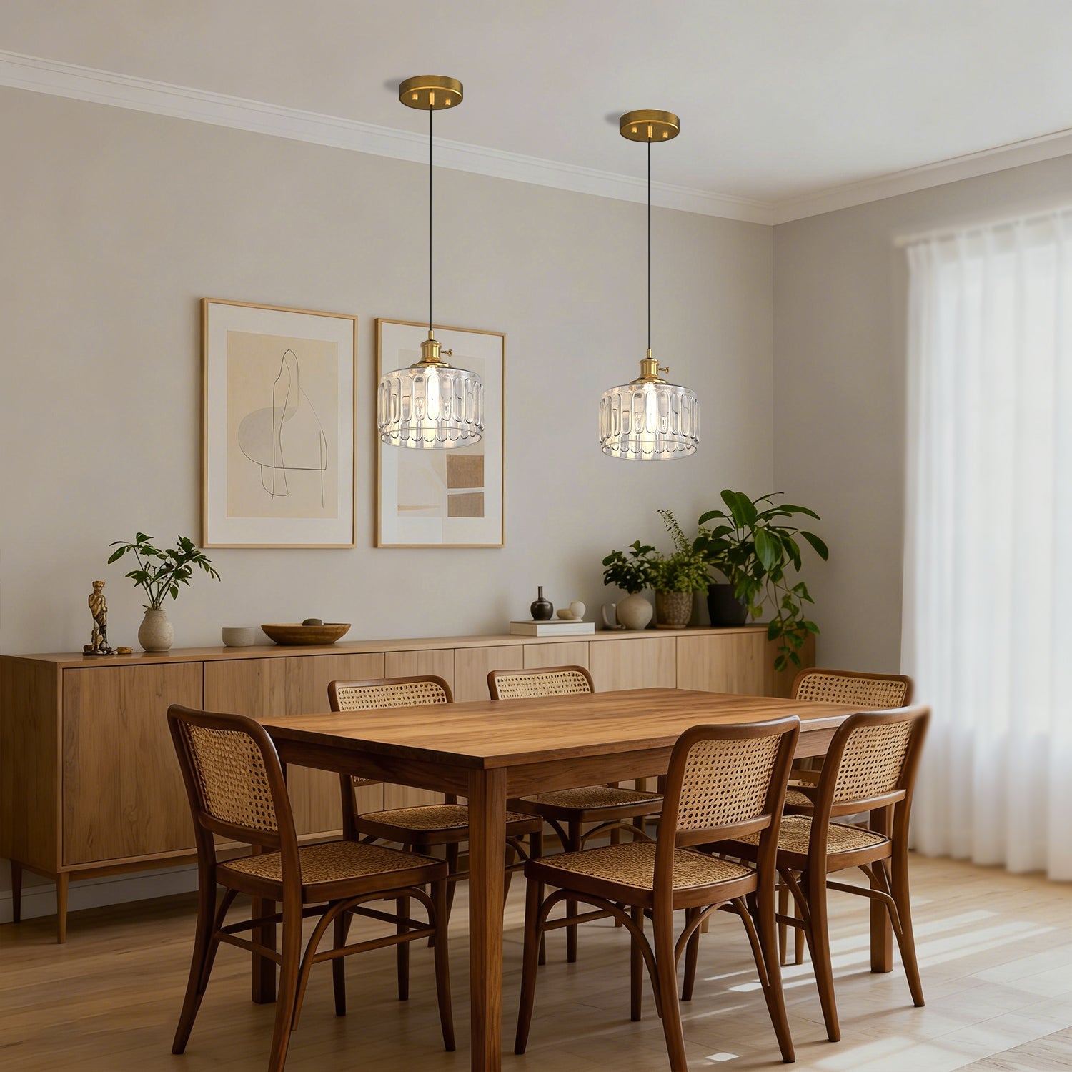 Jandcase 59 in. 1-Light Brass Finish Traditional Indoor Pendant Light with Clear Striped Glass Shade and No Bulb Included
