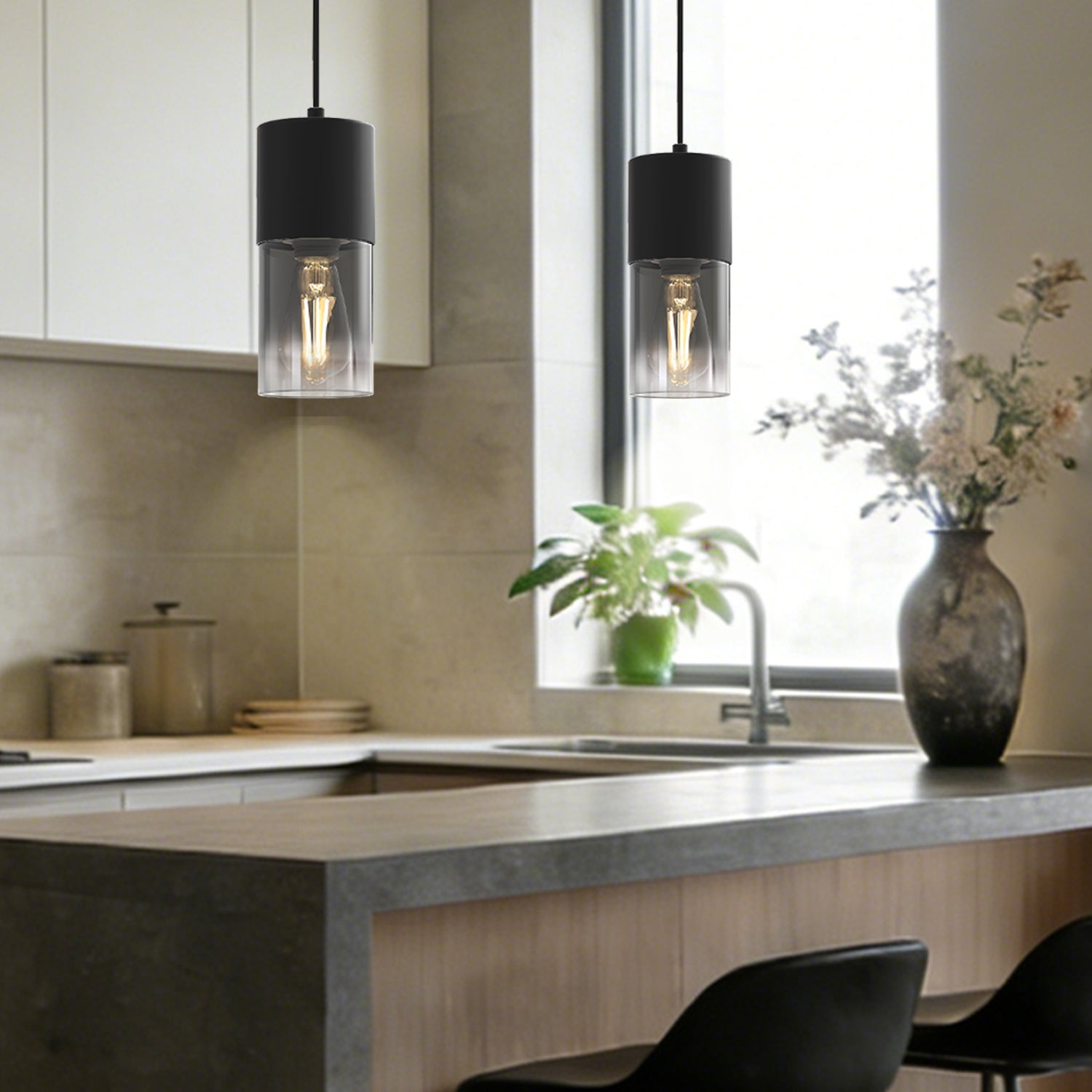 Jandcase 2-Pack Pendant Light with Gradient Smoke Glass Shade, E26 Base, Matte Black Metal, 110V, Single Light Fixture