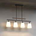 4-Light Island Pendant Light with Wood Grain Accents and Inverted Fabric Shades in Matte Black Finish, No Bulbs Included