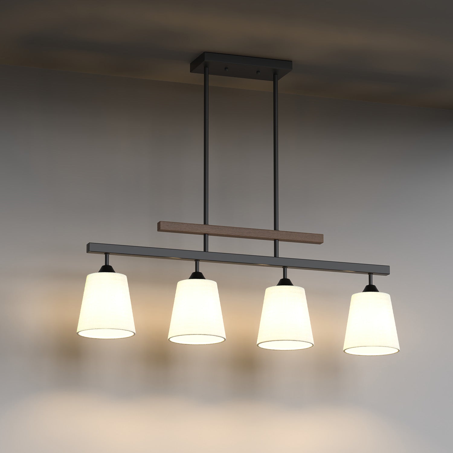 4-Light Island Pendant Light with Wood Grain Accents and Inverted Fabric Shades in Matte Black Finish, No Bulbs Included