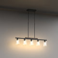 5-Light Island Pendant Light with Wood Grain Accents and Cylindrical Bubble Glass Shades in Matte Black Finish