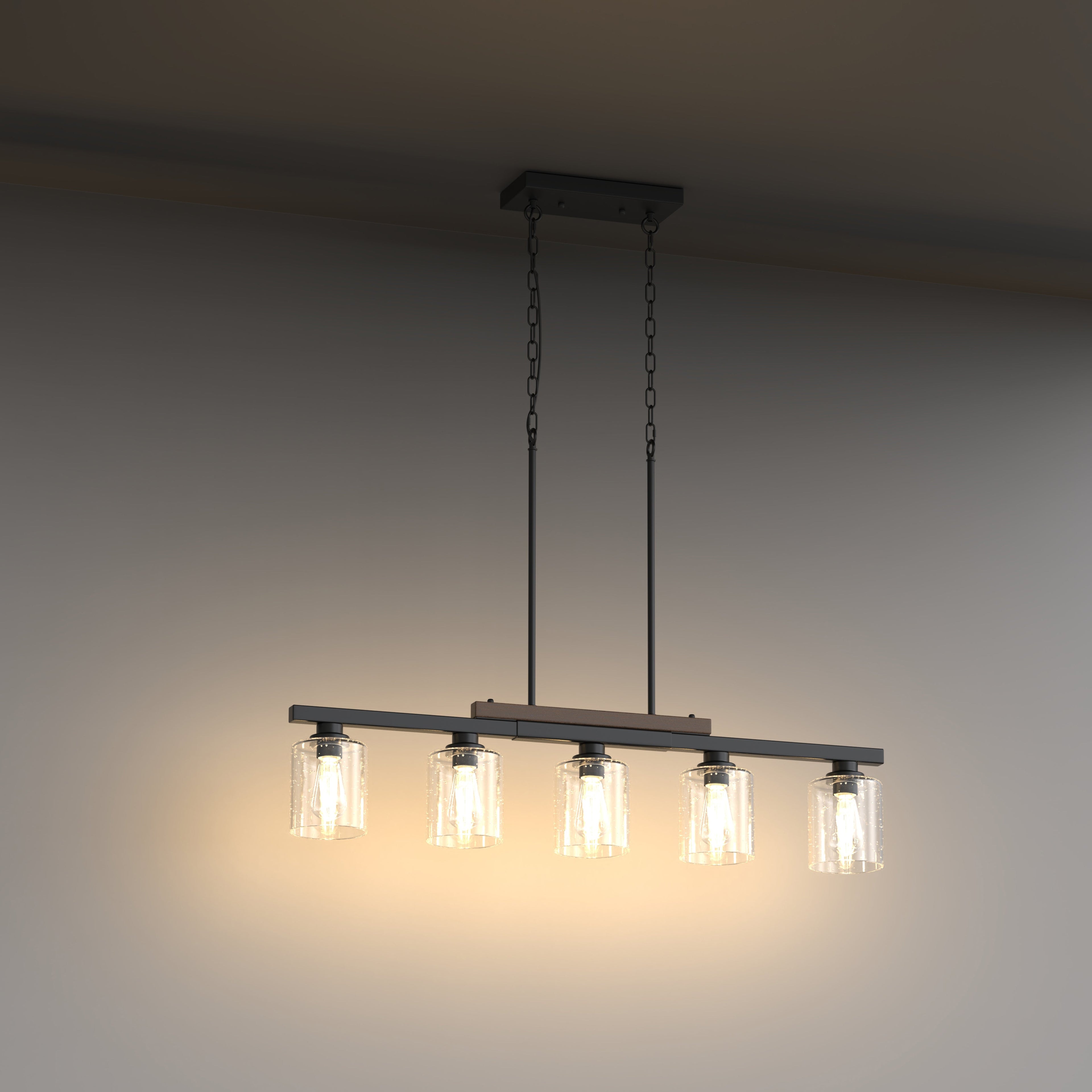 5-Light Island Pendant Light with Wood Grain Accents and Cylindrical Bubble Glass Shades in Matte Black Finish