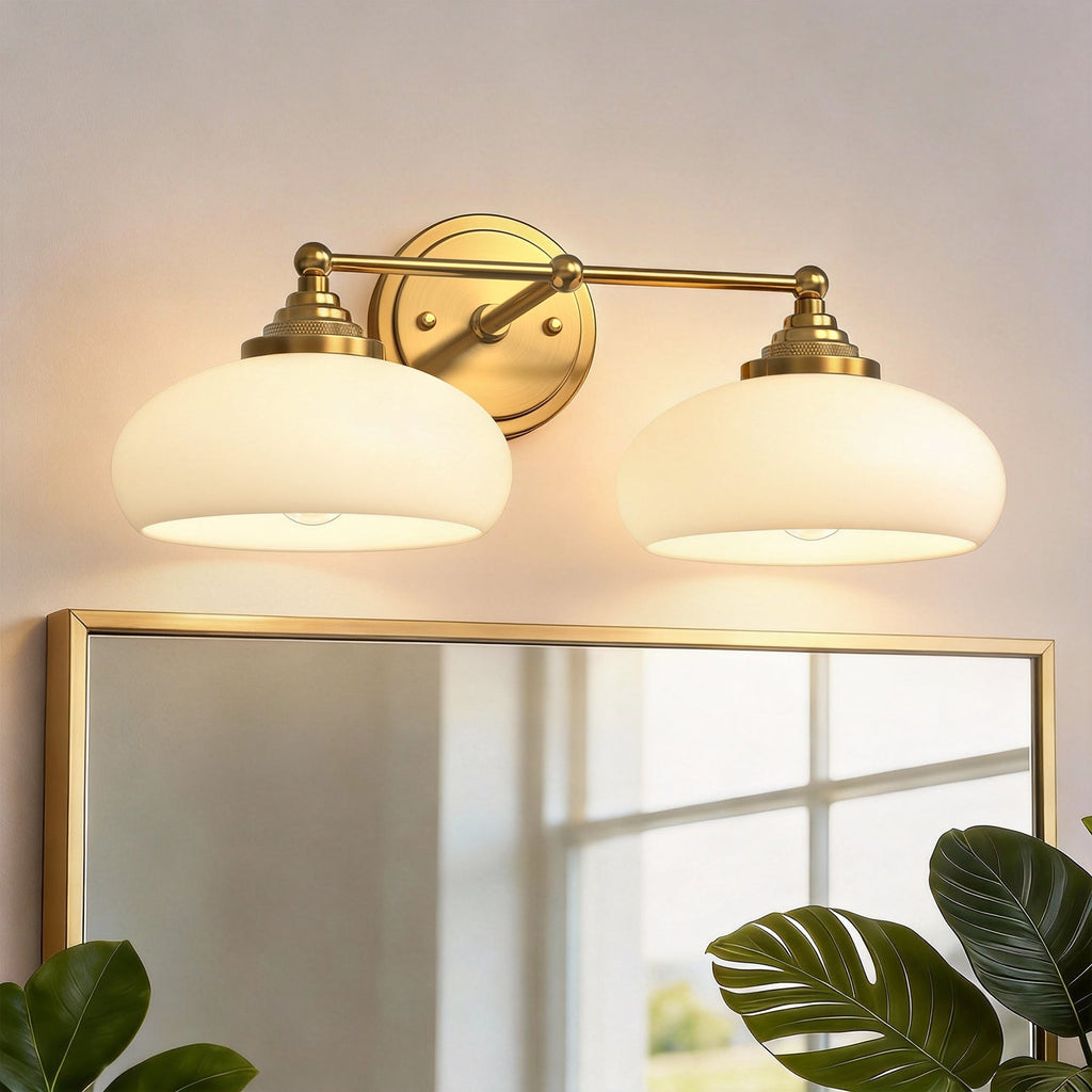 Jandcase 18in 2-Light Bathroom Vanity Light with White Bowl Glass Shades, Non-Included E26 Bulbs, Copper Metal Frame