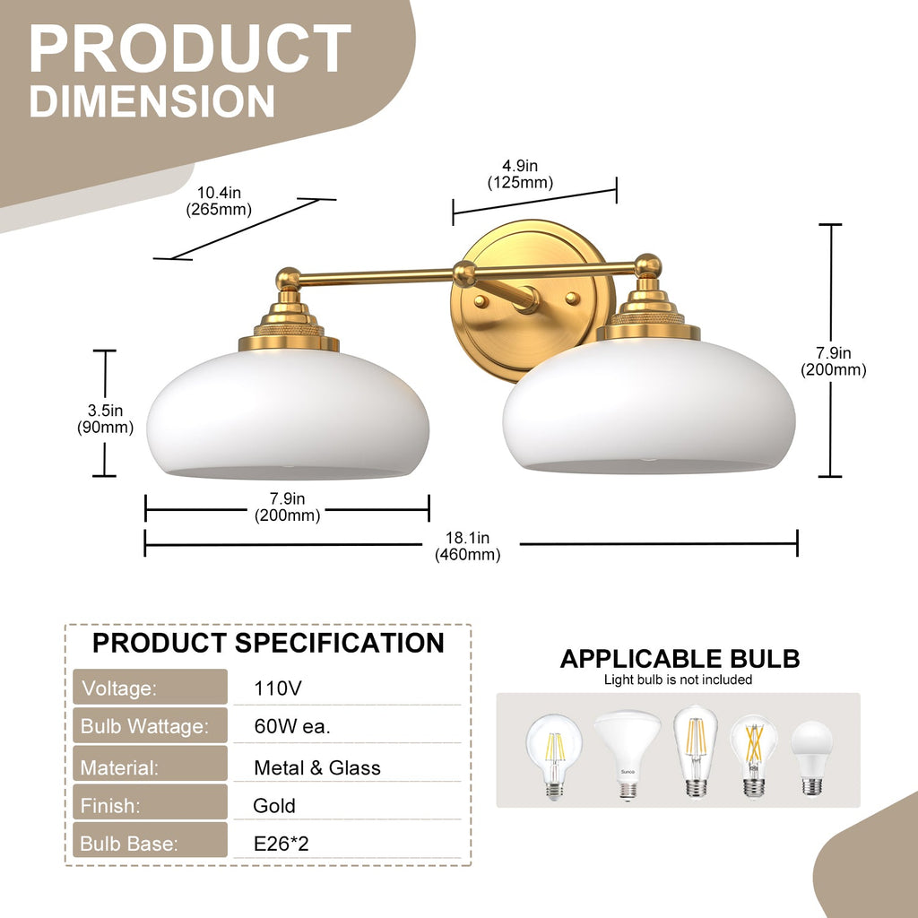 Jandcase 18in 2-Light Bathroom Vanity Light with White Bowl Glass Shades, Non-Included E26 Bulbs, Copper Metal Frame