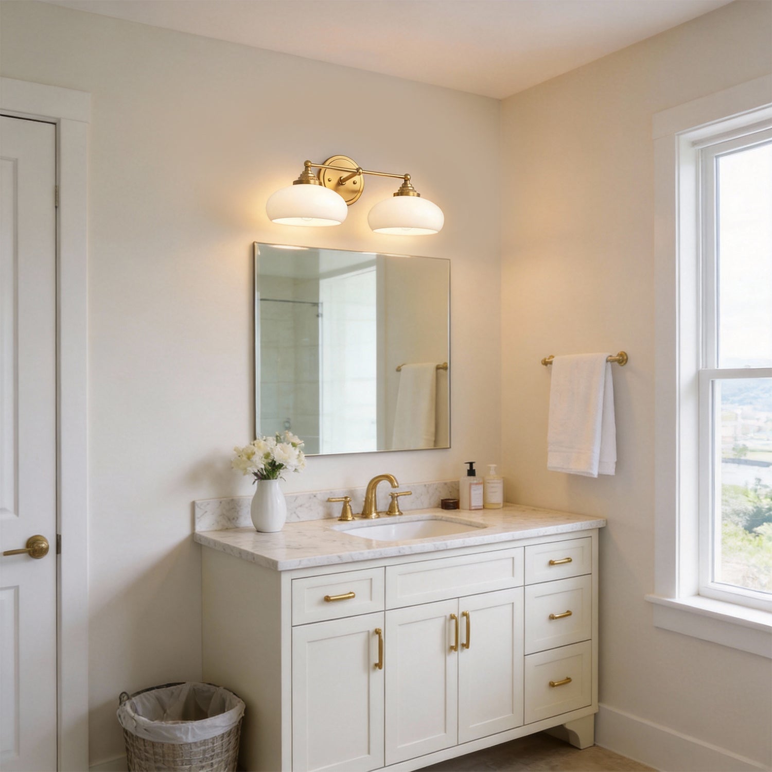 Jandcase 18in 2-Light Bathroom Vanity Light with White Bowl Glass Shades, Non-Included E26 Bulbs, Copper Metal Frame