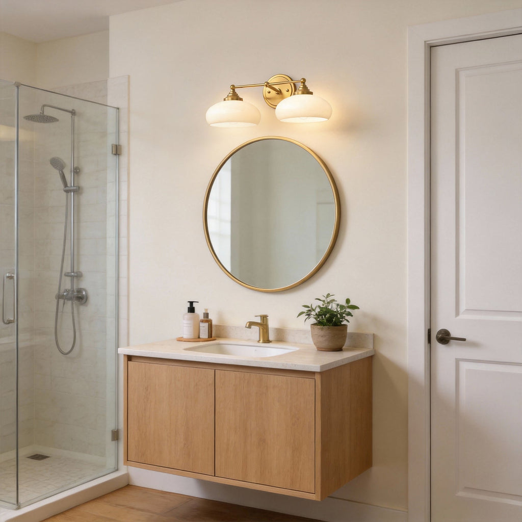 Jandcase 18in 2-Light Bathroom Vanity Light with White Bowl Glass Shades, Non-Included E26 Bulbs, Copper Metal Frame
