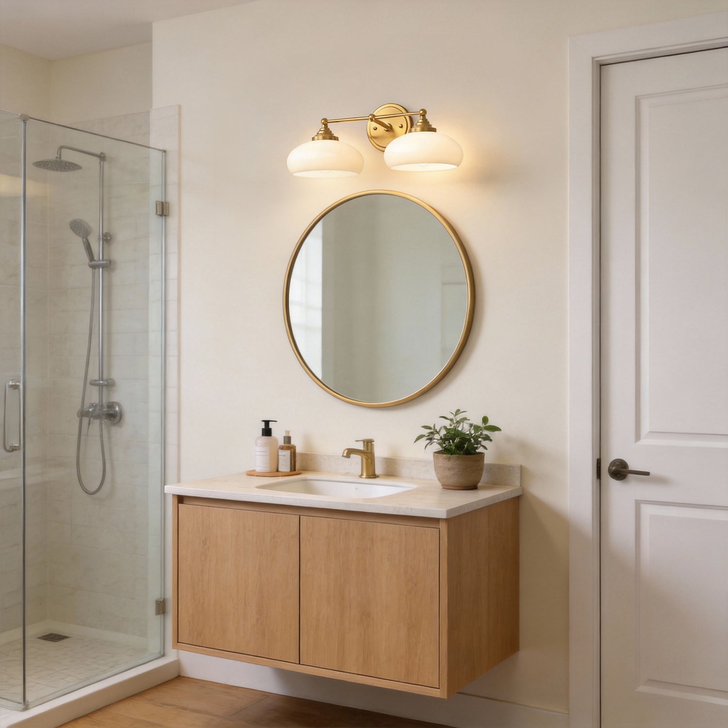 Jandcase 18in 2-Light Bathroom Vanity Light with White Bowl Glass Shades, Non-Included E26 Bulbs, Copper Metal Frame
