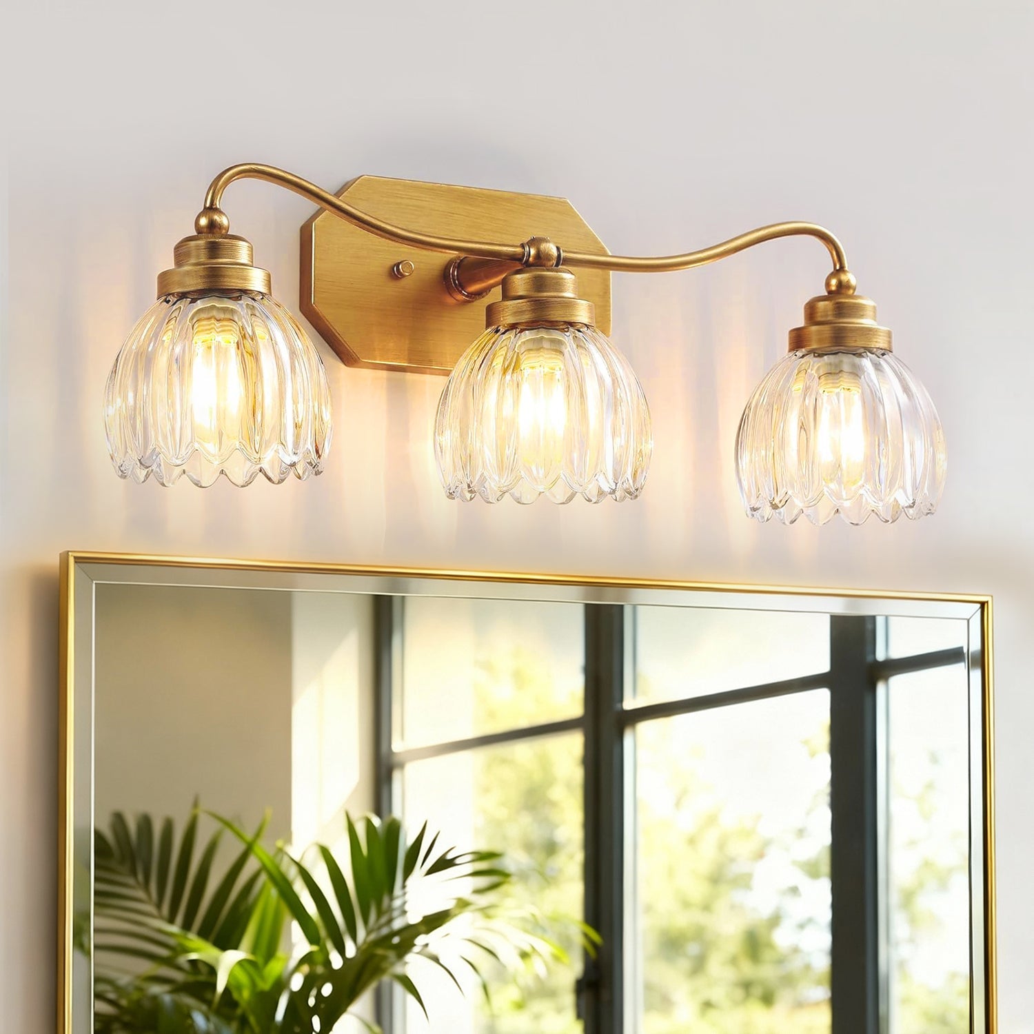 Jandcase 21.3in 3-Light Bathroom Vanity Light with Tulip Glass Shades, Curved Rod Copper Metal Finish, E26 Base