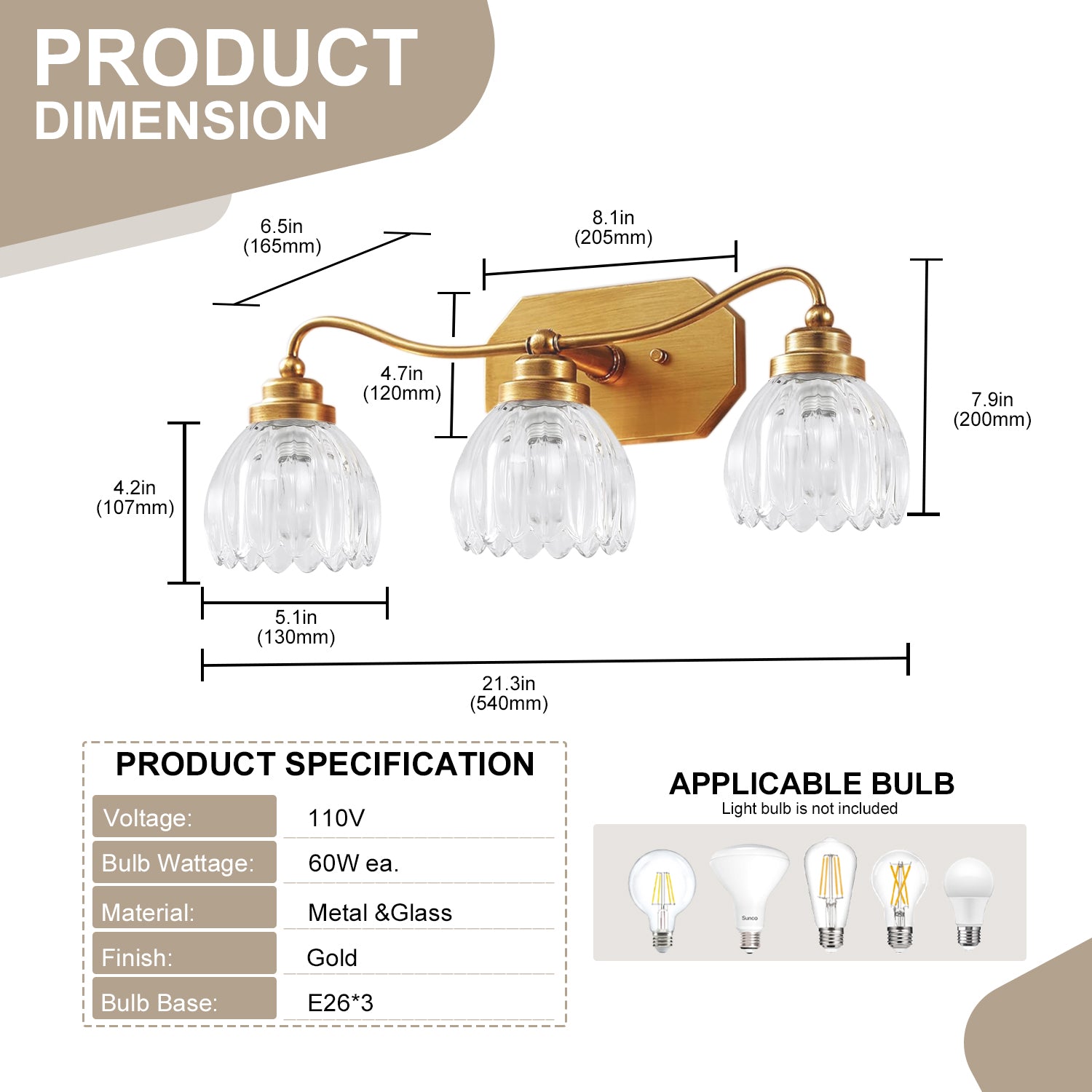 Jandcase 21.3in 3-Light Bathroom Vanity Light with Tulip Glass Shades, Curved Rod Copper Metal Finish, E26 Base