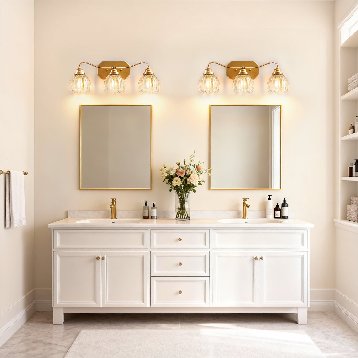 Jandcase 21.3in 3-Light Bathroom Vanity Light with Tulip Glass Shades, Curved Rod Copper Metal Finish, E26 Base
