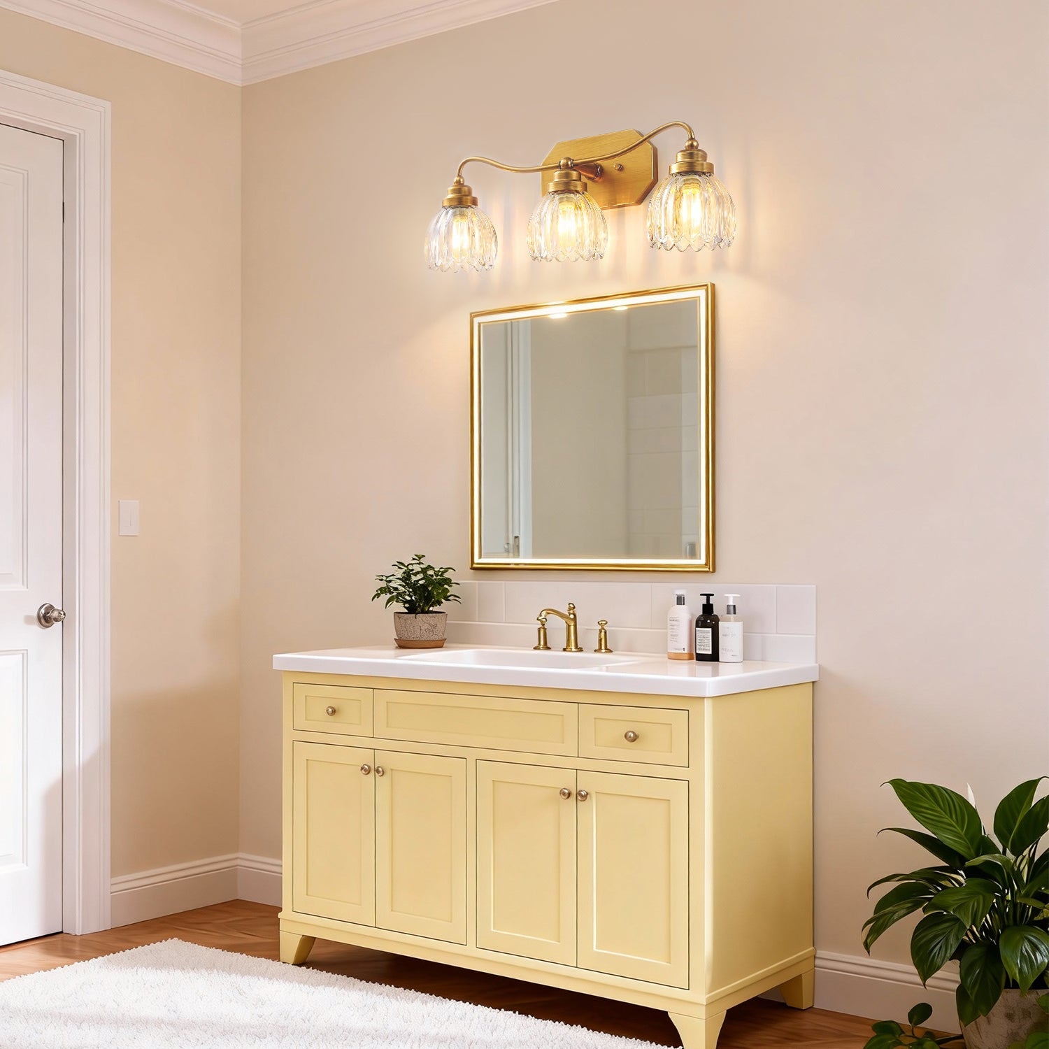 Jandcase 21.3in 3-Light Bathroom Vanity Light with Tulip Glass Shades, Curved Rod Copper Metal Finish, E26 Base