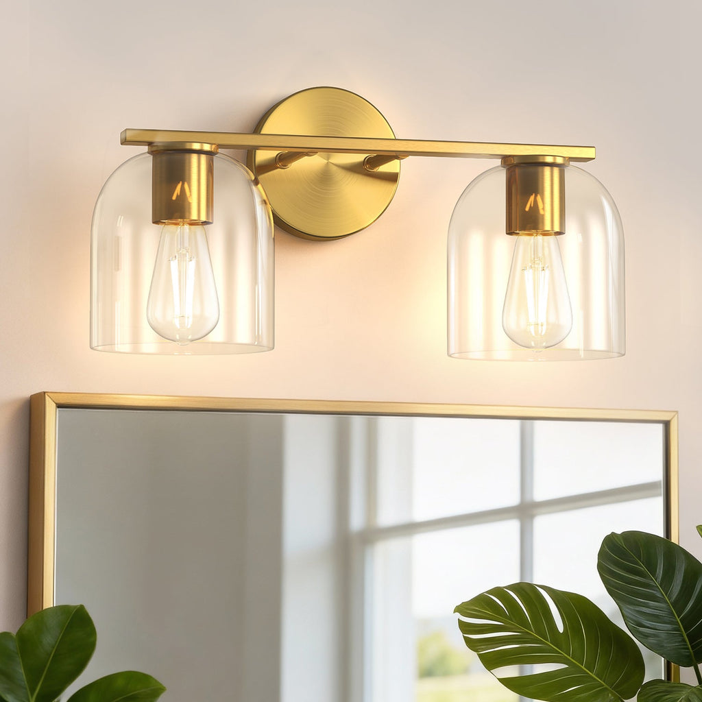 Jandcase 2-Light Bathroom Vanity Light with Clear Cylindrical Glass Shade, Copper Metal Finish, E26 Base, 14.2in