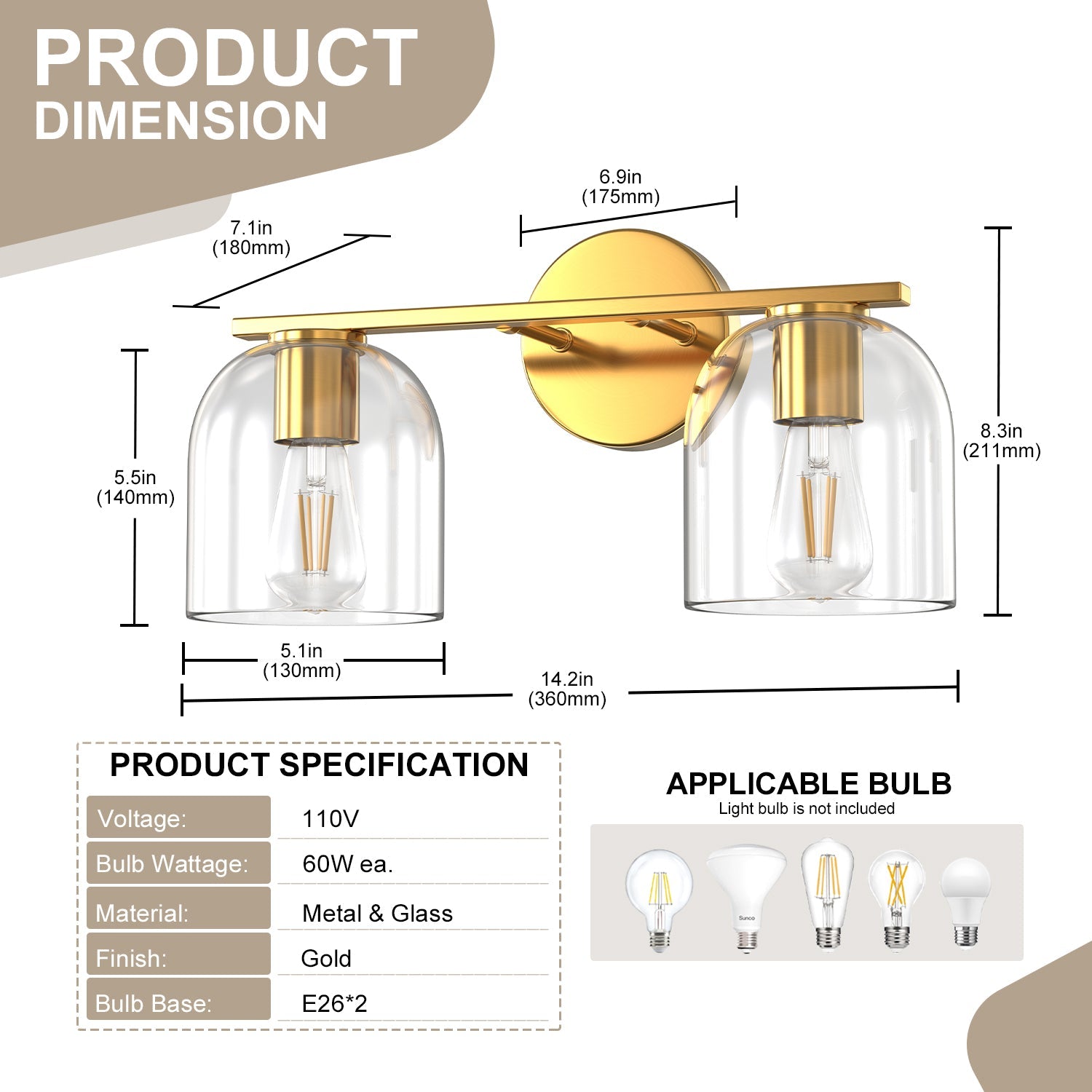Jandcase 2-Light Bathroom Vanity Light with Clear Cylindrical Glass Shade, Copper Metal Finish, E26 Base, 14.2in