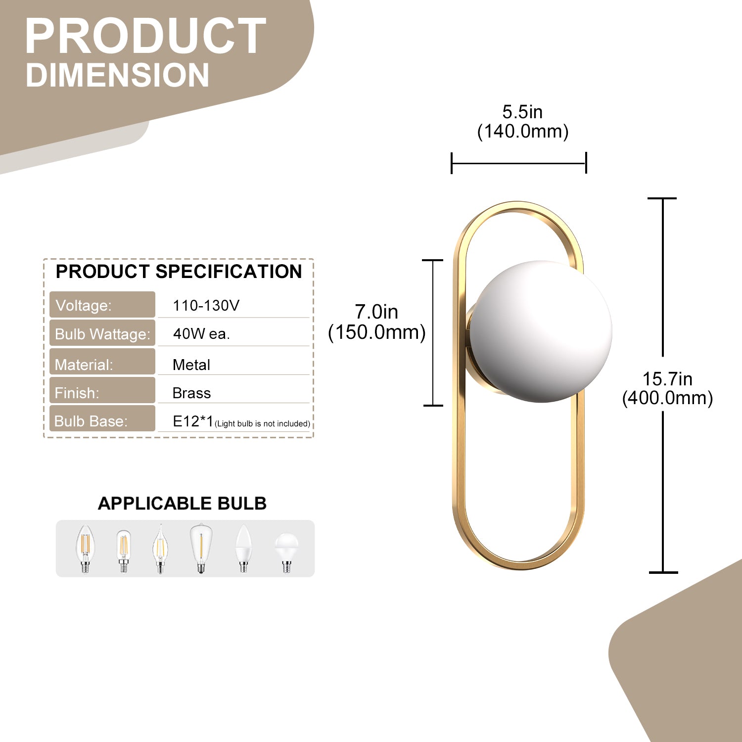 Jandcase 2-Pack 15.7in Wall Sconce with Opal Glass Globe, Copper-Finished Metal Frame, E12 Base, Indoor Lighting