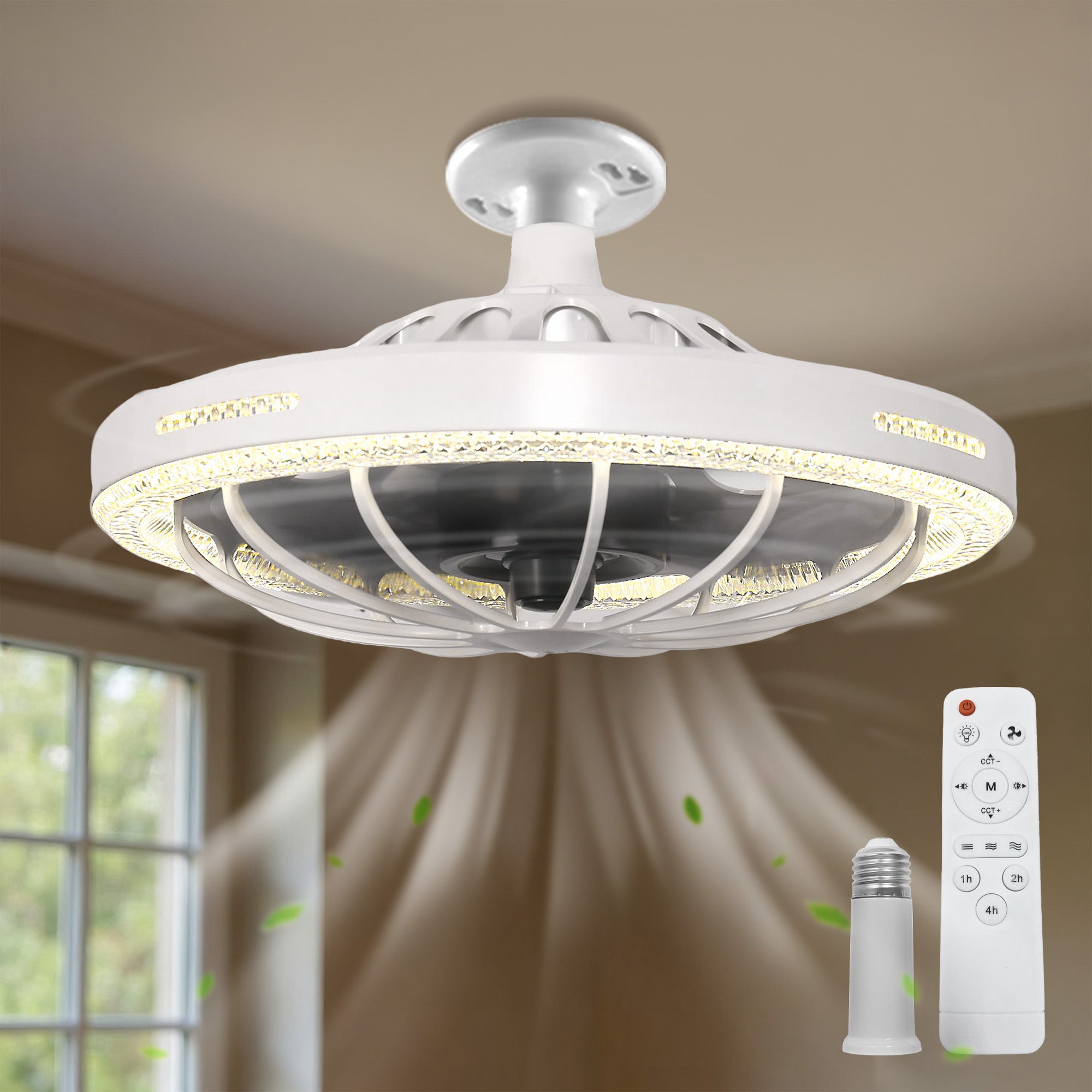 Jandcase 19.7in Retractable Bladeless Lighted Ceiling Fan with Light, 5-Blade Invisible Fan, Remote Control Dimmable LED Light, 3-Speed Timer Ceiling Fan Light Combo E26/E27