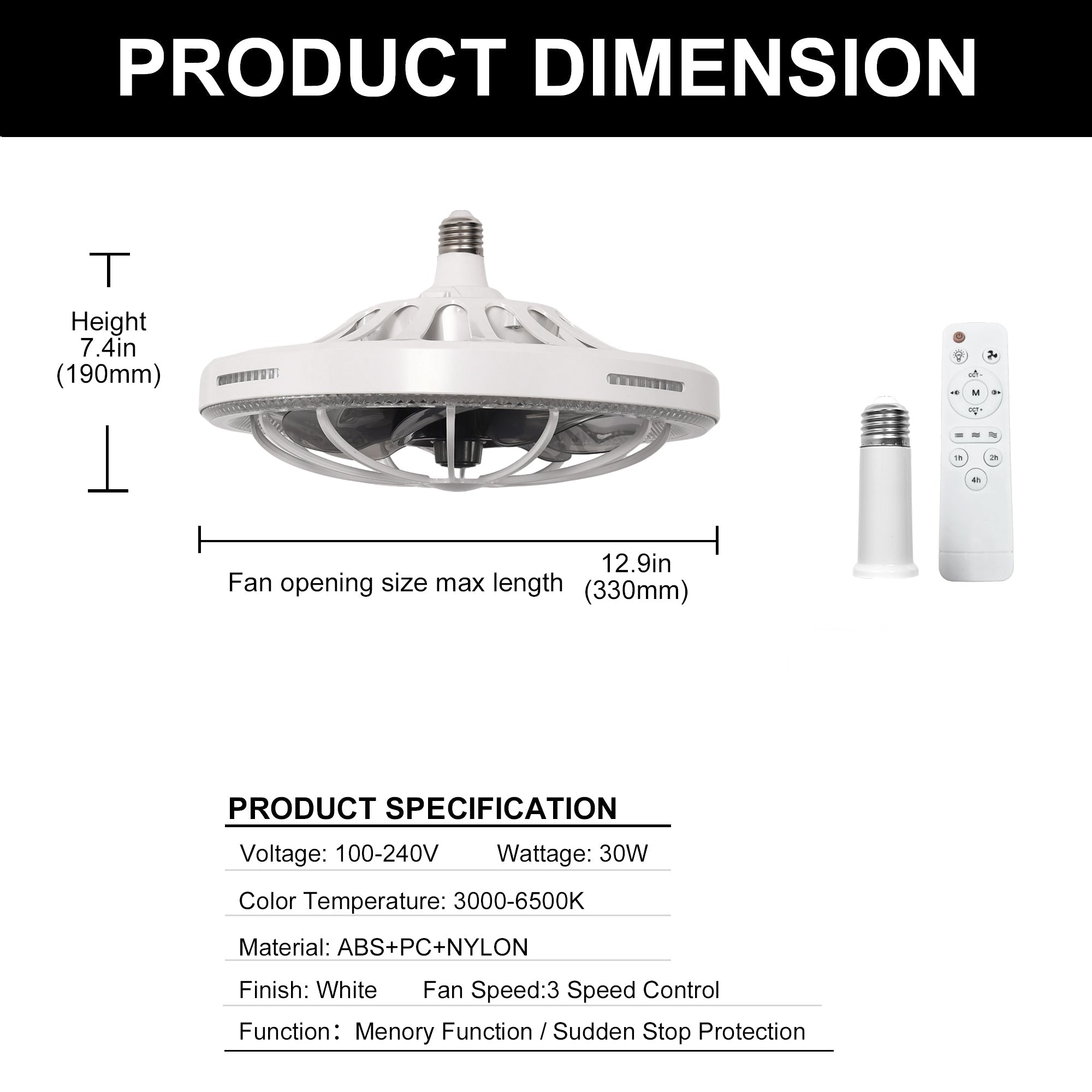 Jandcase 19.7in Retractable Bladeless Lighted Ceiling Fan with Light, 5-Blade Invisible Fan, Remote Control Dimmable LED Light, 3-Speed Timer Ceiling Fan Light Combo E26/E27