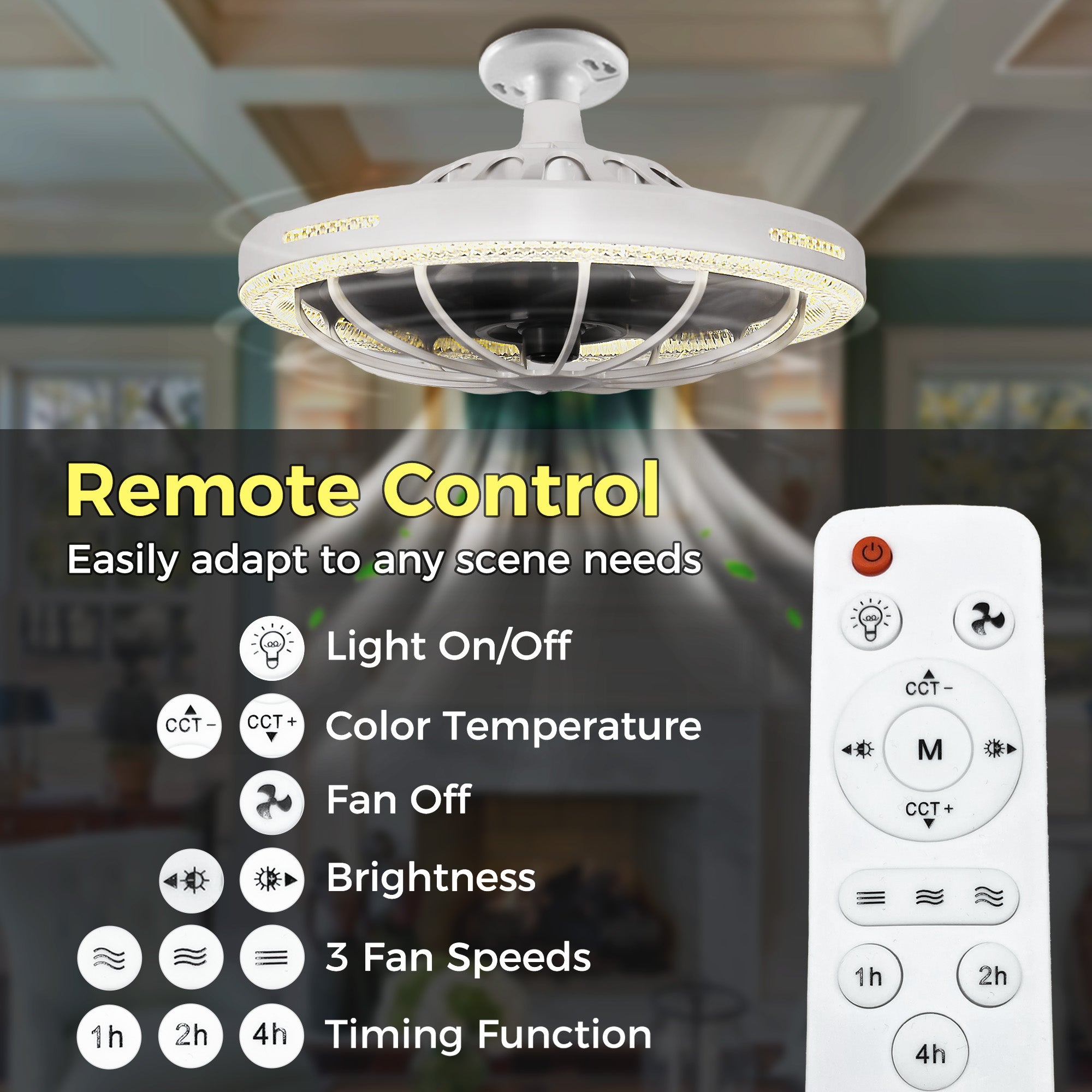 Jandcase 19.7in Retractable Bladeless Lighted Ceiling Fan with Light, 5-Blade Invisible Fan, Remote Control Dimmable LED Light, 3-Speed Timer Ceiling Fan Light Combo E26/E27