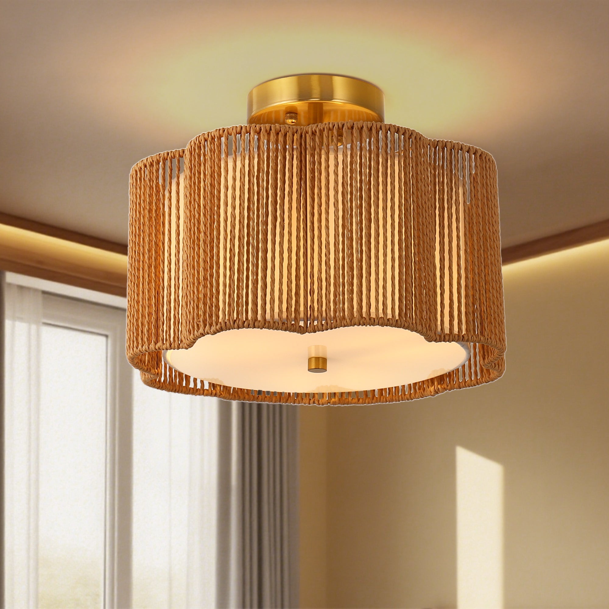 13.1 in. Farmhouse 3-Light Copper Semi Flush Mount Ceiling Light Fixture w/ Brown Shades, E26 Socket for Hallway, Foyer