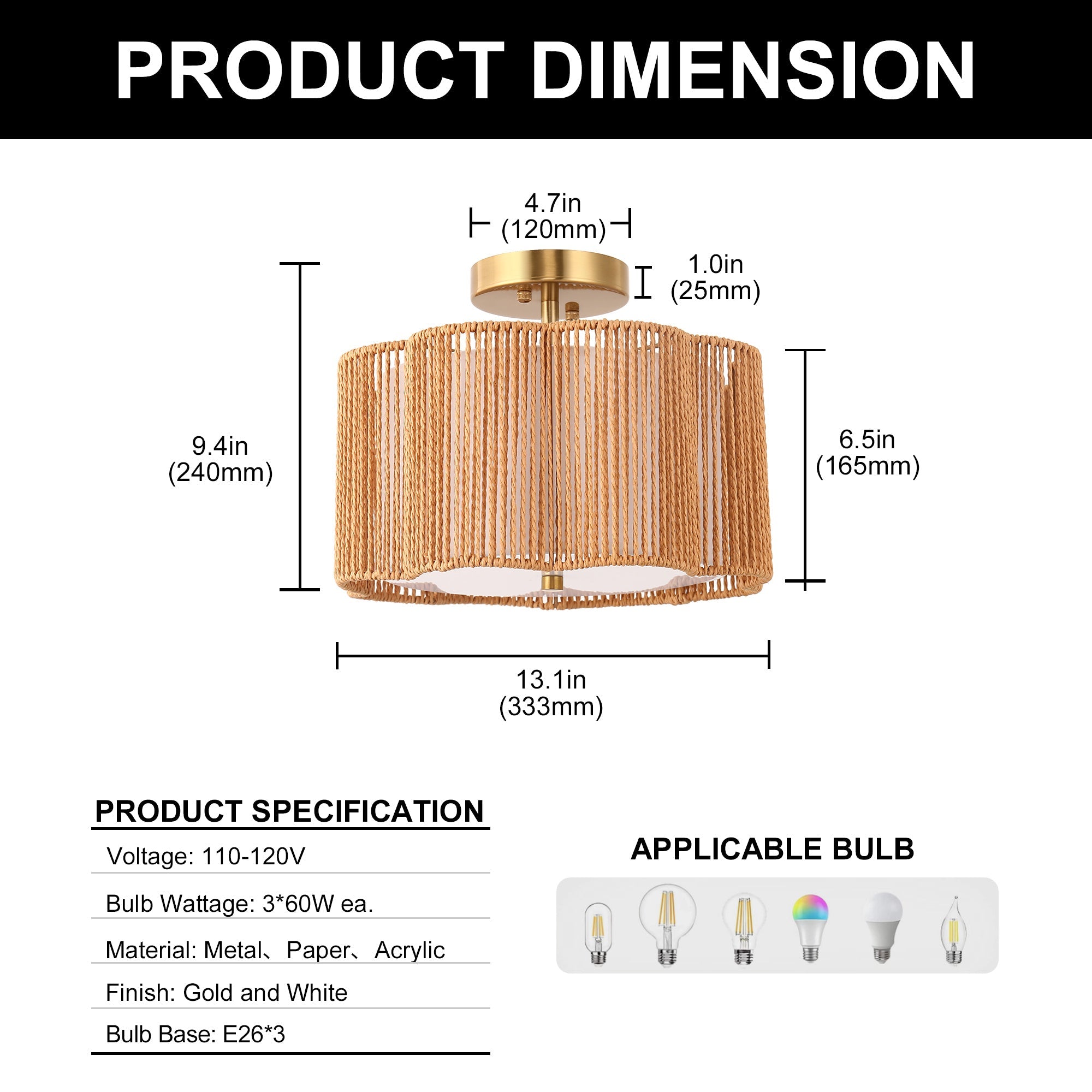 13.1 in. Farmhouse 3-Light Copper Semi Flush Mount Ceiling Light Fixture w/ Brown Shades, E26 Socket for Hallway, Foyer