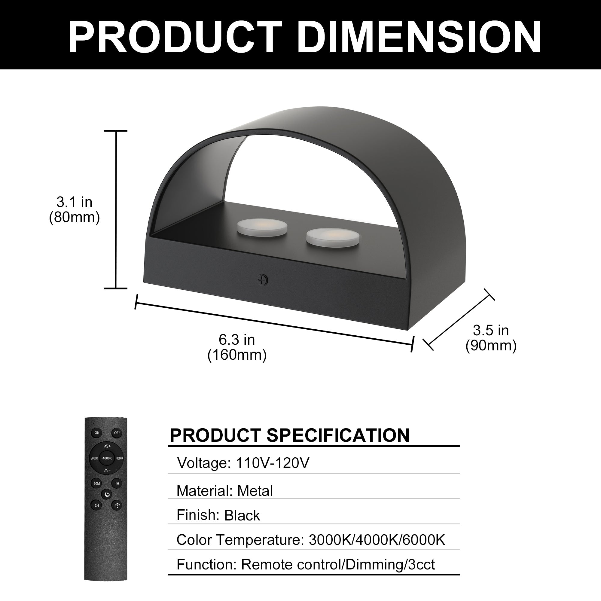 2-Pack Modern Curved LED Wall Sconce, Black Rectangular Indoor Vanity Light, 6-Watt, 3000K??¡§?C6000K Ajustable White