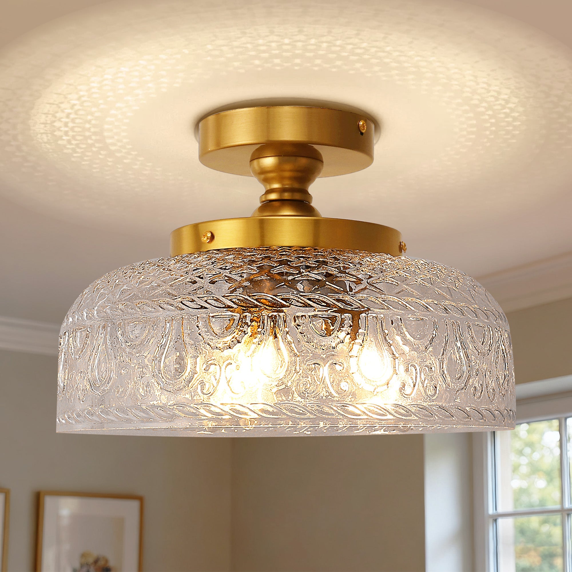 Jandcase 12.2in Brass Semi Flush Mount Ceiling Light with Globe Glass Shade 3-Light E12 Ceiling Fixture for Bedroom Hallway Kitchen