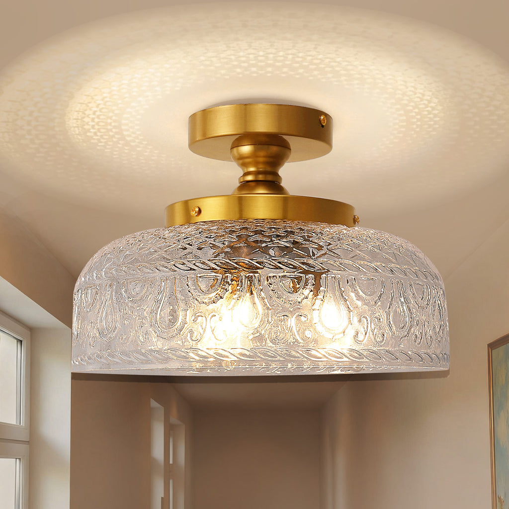 Jandcase 12.2in Brass Semi Flush Mount Ceiling Light with Globe Glass Shade 3-Light E12 Ceiling Fixture for Bedroom Hallway Kitchen