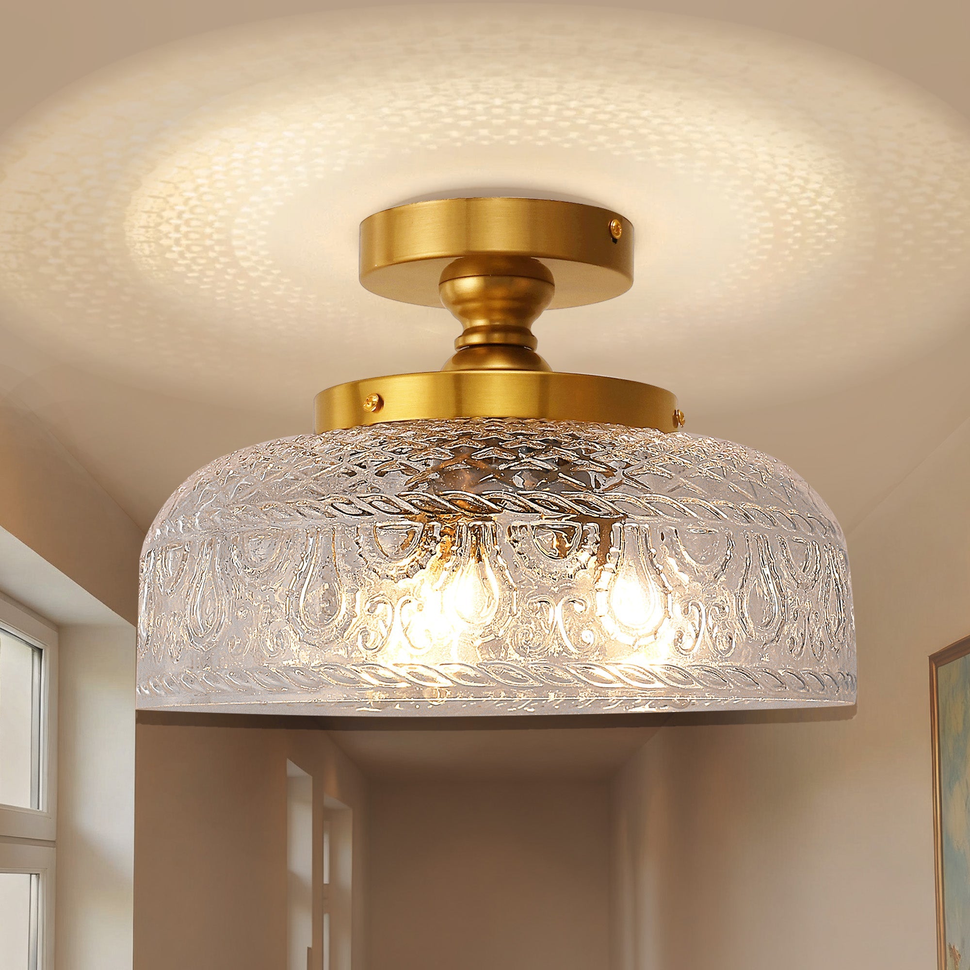 Jandcase 12.2in Brass Semi Flush Mount Ceiling Light with Globe Glass Shade 3-Light E12 Ceiling Fixture for Bedroom Hallway Kitchen