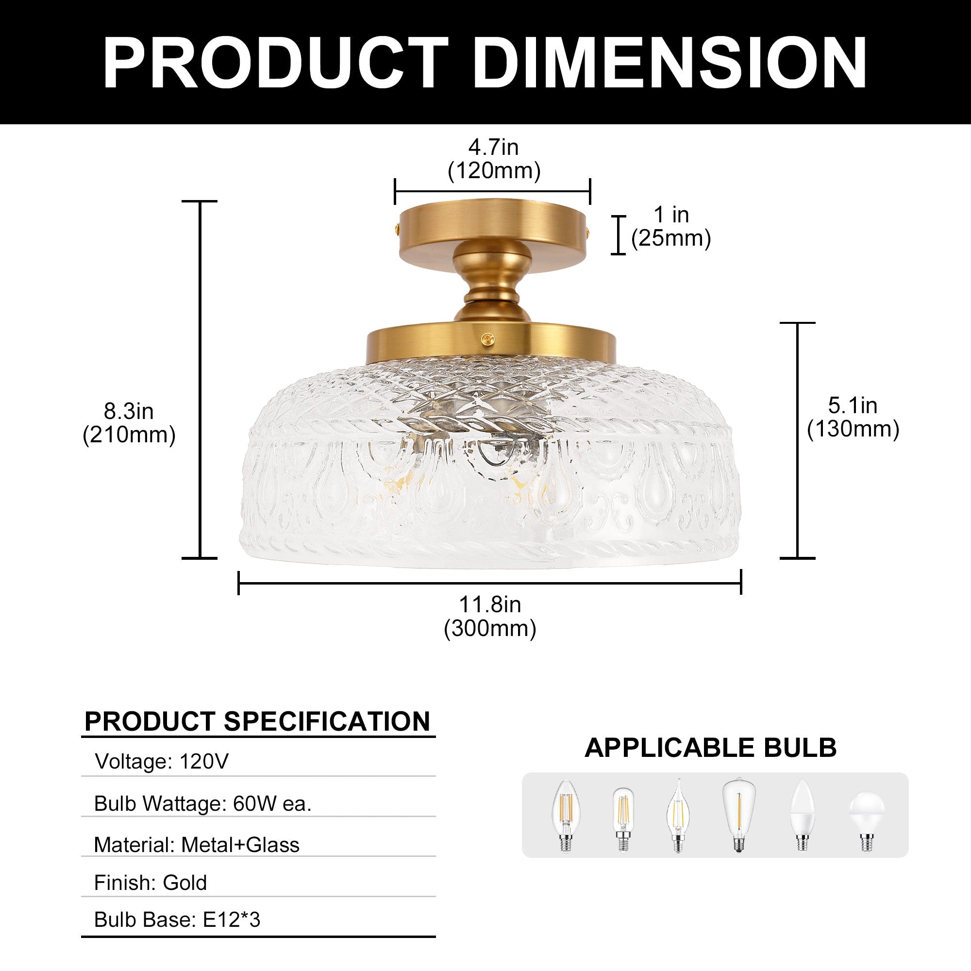 Jandcase 12.2in Brass Semi Flush Mount Ceiling Light with Globe Glass Shade 3-Light E12 Ceiling Fixture for Bedroom Hallway Kitchen